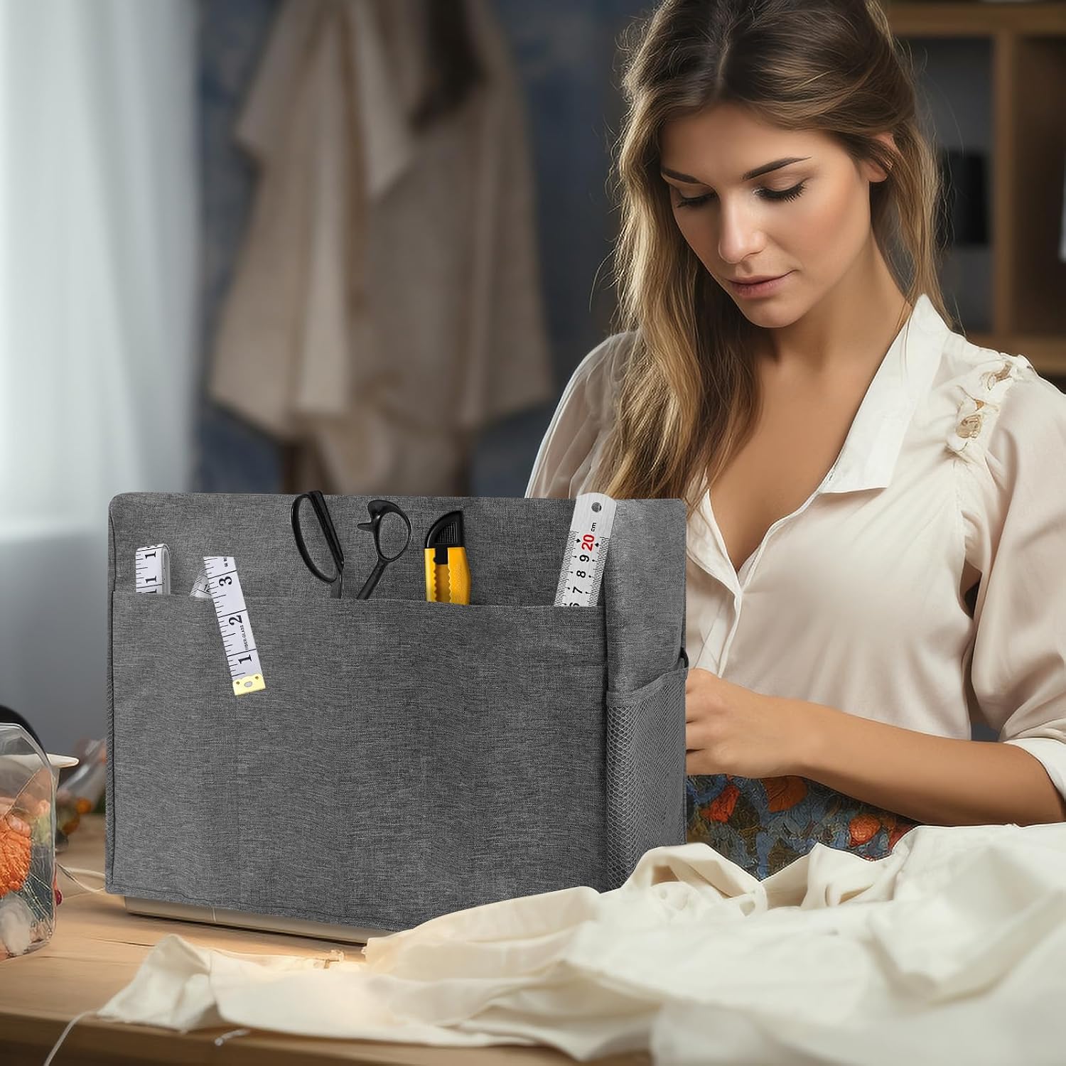 Sewing Machine Dust Cover with 4 Storage Pockets, Protective Fabric Cover for Sewing Accessories, Fits Most Standard Household Small Sewing Machines (Grey)