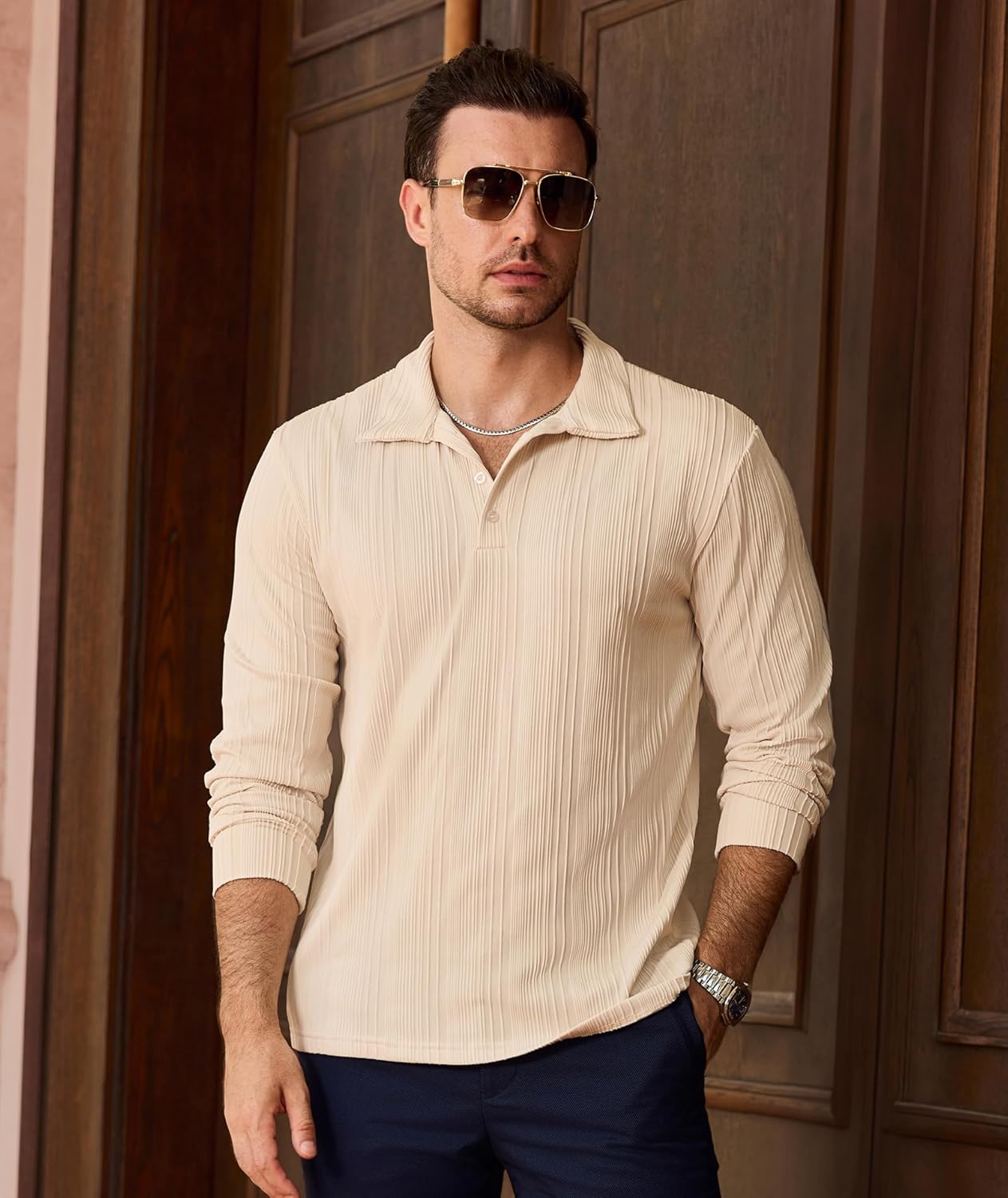 PRIVIMIX Mens Knit Polo Shirts Long Sleeve Fashion Textured Polo Sweater Stretchy Pullover Sweaters for Men Casual Golf Shirt - Image 2