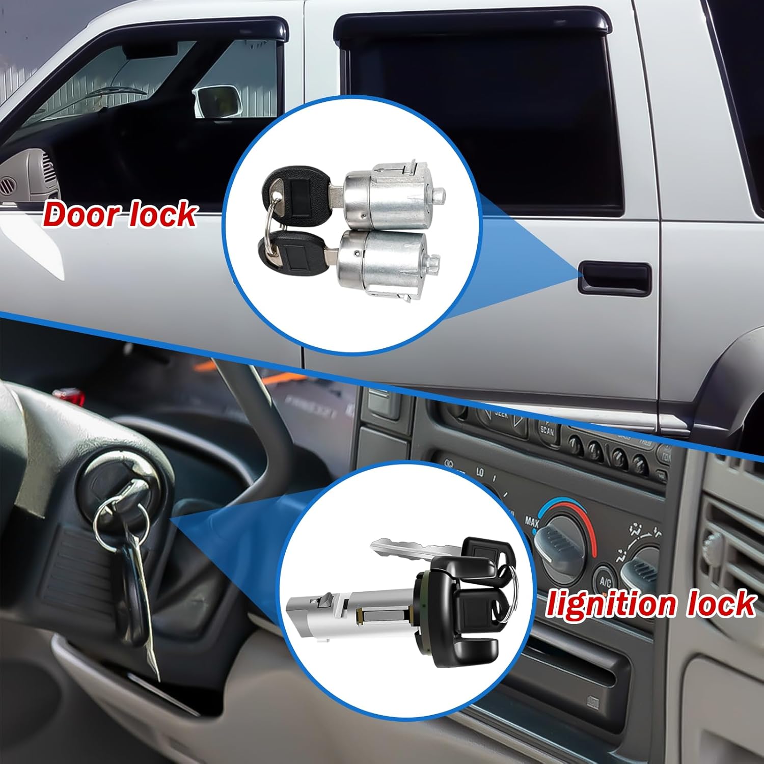 Ignition & Door Lock Cylinder Kit with 4 Keys Compatible for Chevy GMC C/K Pickup Suburban Tahoe Yukon 1995-1997 Replace OE Number 702671 * 1 + 702674 * 2 + 597749 * 2