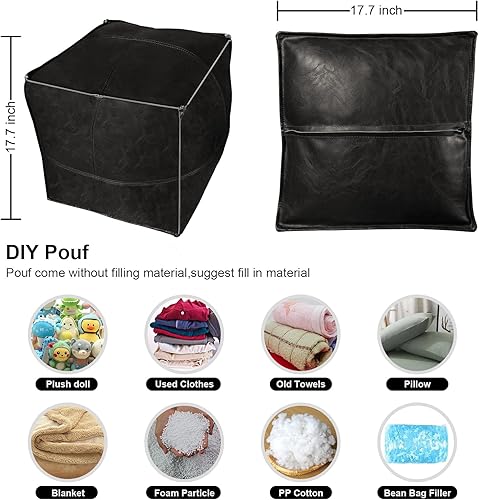Miniatura 3 de Louis Donné Funda otomana para puf, hecha a mano de piel sintética marroquí, otomana sin relleno, color negro cuadrado de 17.7 pulgadas, reposapiés