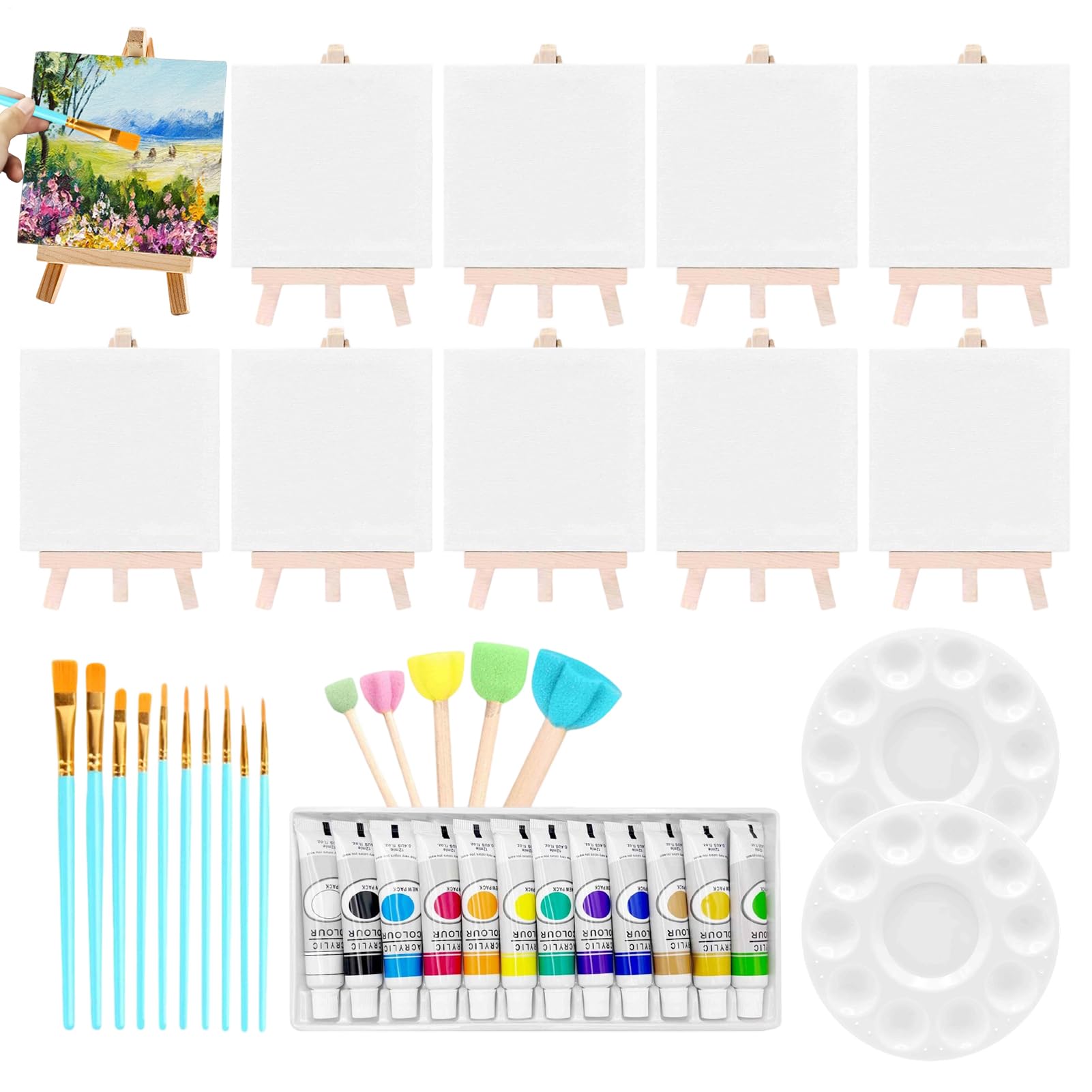 Set Pittura Tela Forniture Didattiche Lavabili Portatili | 10 Pezzi Di Materiali Artistici Per Dipingere Set Di Tela E Colori Per Casa Feste All'Aperto Bambini Ragazze Adulti E