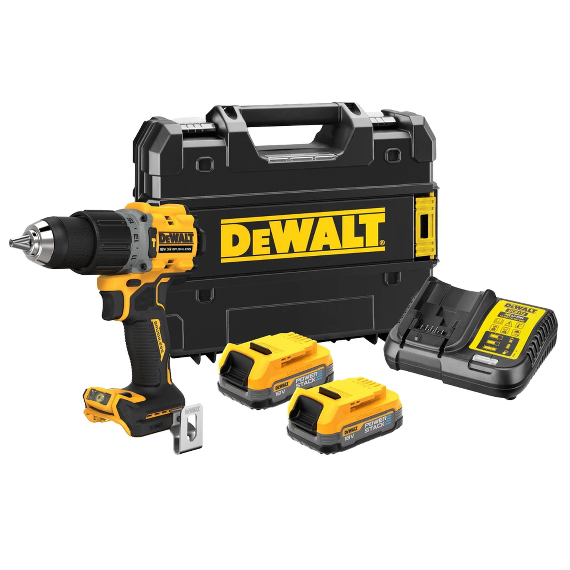 Dewalt Dcd805e2t-Gb Powerstack 18V Xr Brushless Combi Drill Kit 2 X 1.7Ah In Yellow