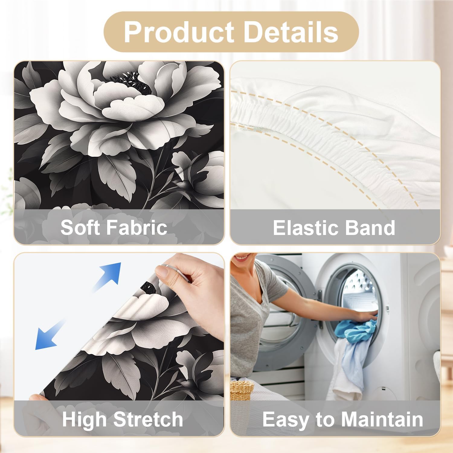 ANNA QUEEN Black and White Peony Chair Covers for Dining Room Kitchen Set of 6 – Stretch Washable Slipcovers for Dining Chairs, Classic Home Decor