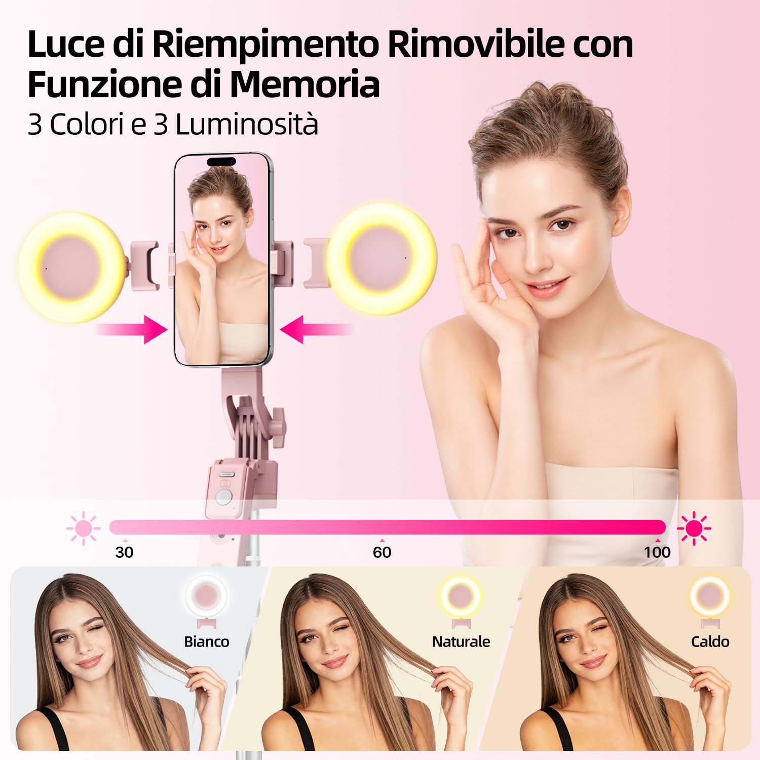 yAyusi Kit di Vlogging Rosa per iPhone/Android, Automatico Volto Rilevamento Treppiede Magnetico 180cm con Luce e Microfono, Kit Completo per Youtube e TikTok Sviluppato Appositamente per le Donne