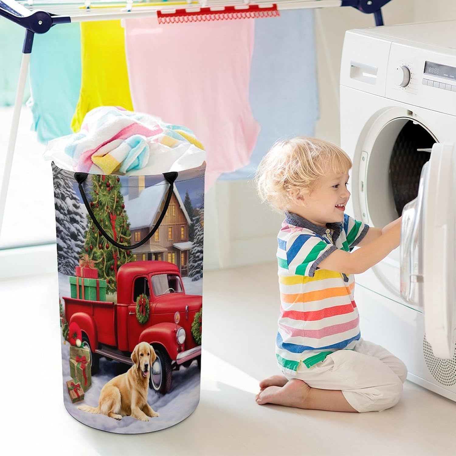 Christmas Red Truck Dogs Large Laundry Basket Laundry Hamper Bag Washing Bin Clothes Bag Collapsible Tall With Handles Travel Bathroom College