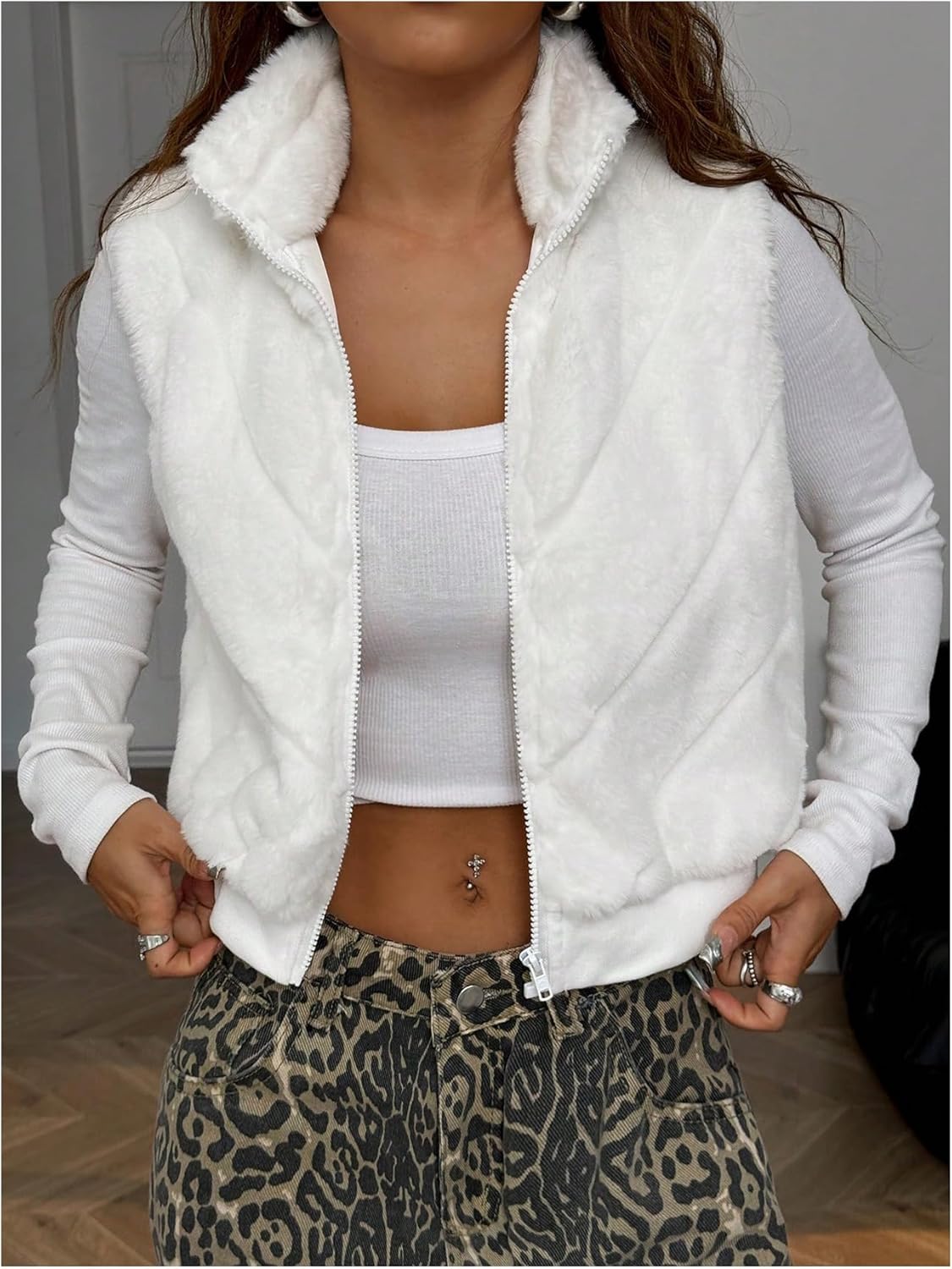 MakeMeChic Women's Fuzzy Zip Up Vest Crop High Neck Sleeveless Jacket Outerwear - Image 4