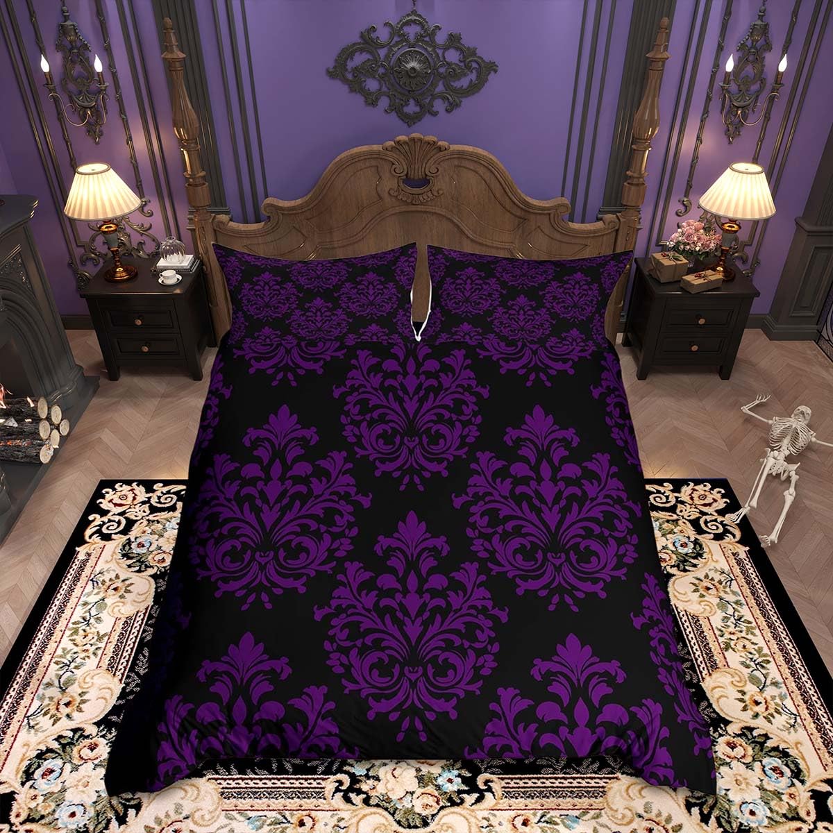 Loussiesd Purple Gothic Floral Duvet Cover Set King Size For Kids Boys Girls Vintage Damask Floral Print Bedding Set Bohemian Exotic Duvet Cover with 2 Pillowcases Luxury Jacquard Bedding โ image 1