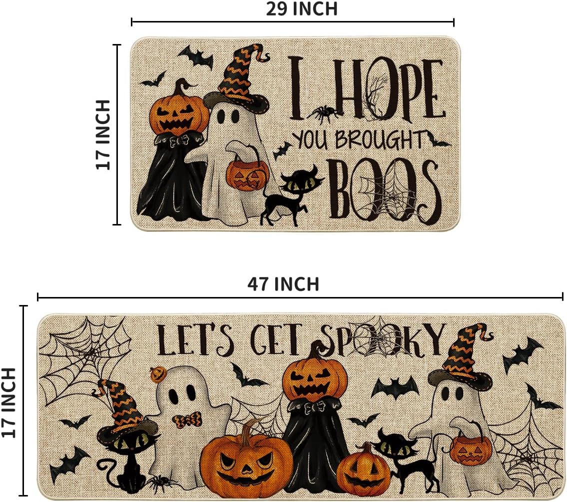 Artoid Mode I Hope You Brought Boos Spider Web Pumpkin Halloween Kitchen Mats Set of 2, Black Cat Home Decor Low-Profile Kitchen Rugs for Floor - 17x29 and 17x47 Inch