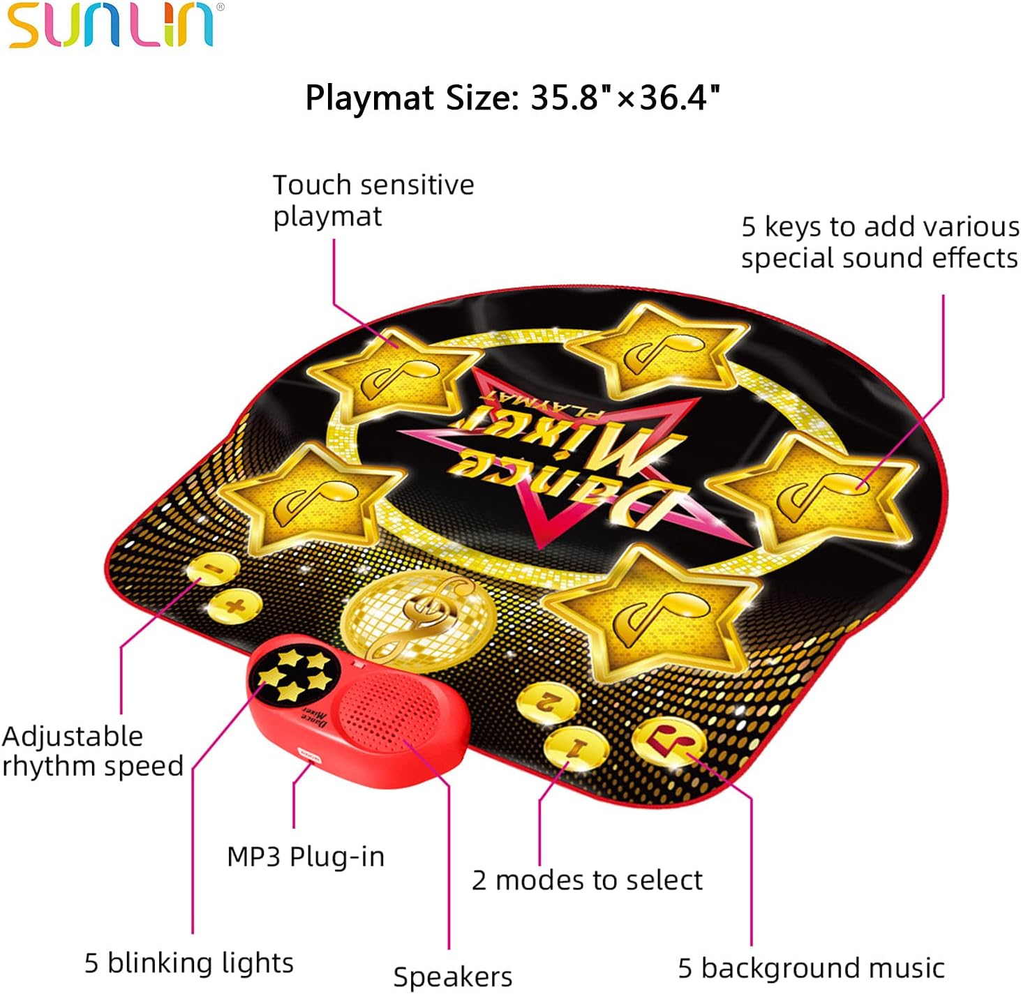 SUNLIN Dance Mat for Kids - Electronic Light Up Dance Game Pad with Built-in & External AUX Music - Indoor Party Dancing Mixer Play Mat - Toys Gifts for Girls & Boys (35.8"×36.4") : Toys & Games