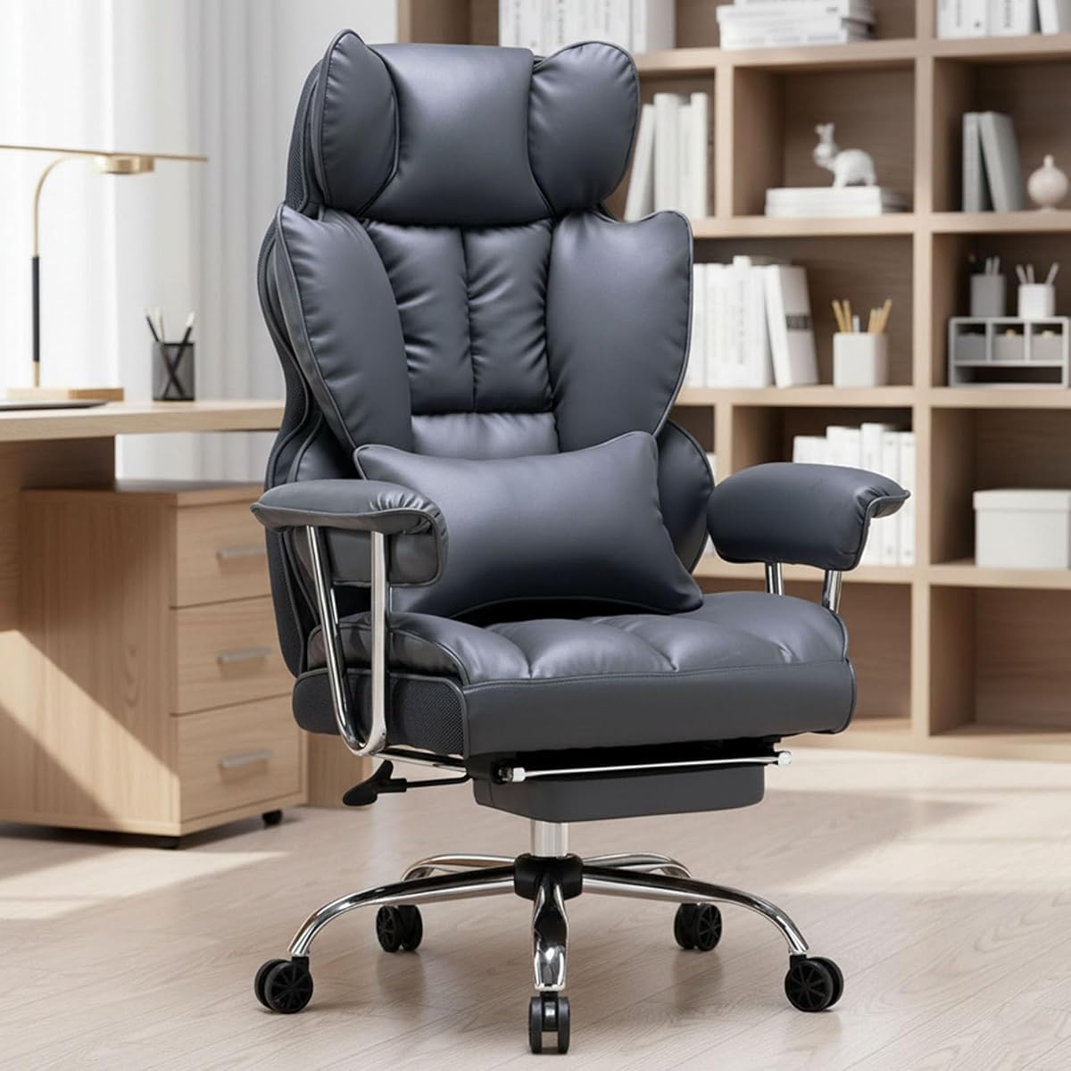 Efomao Executive Office Chair 400LBS, PU Leather Computer Chair, Big and Tall Office Chair with Leg Rest and Lumbar Support, Dark Grey Gaming Chair with Foot Rest