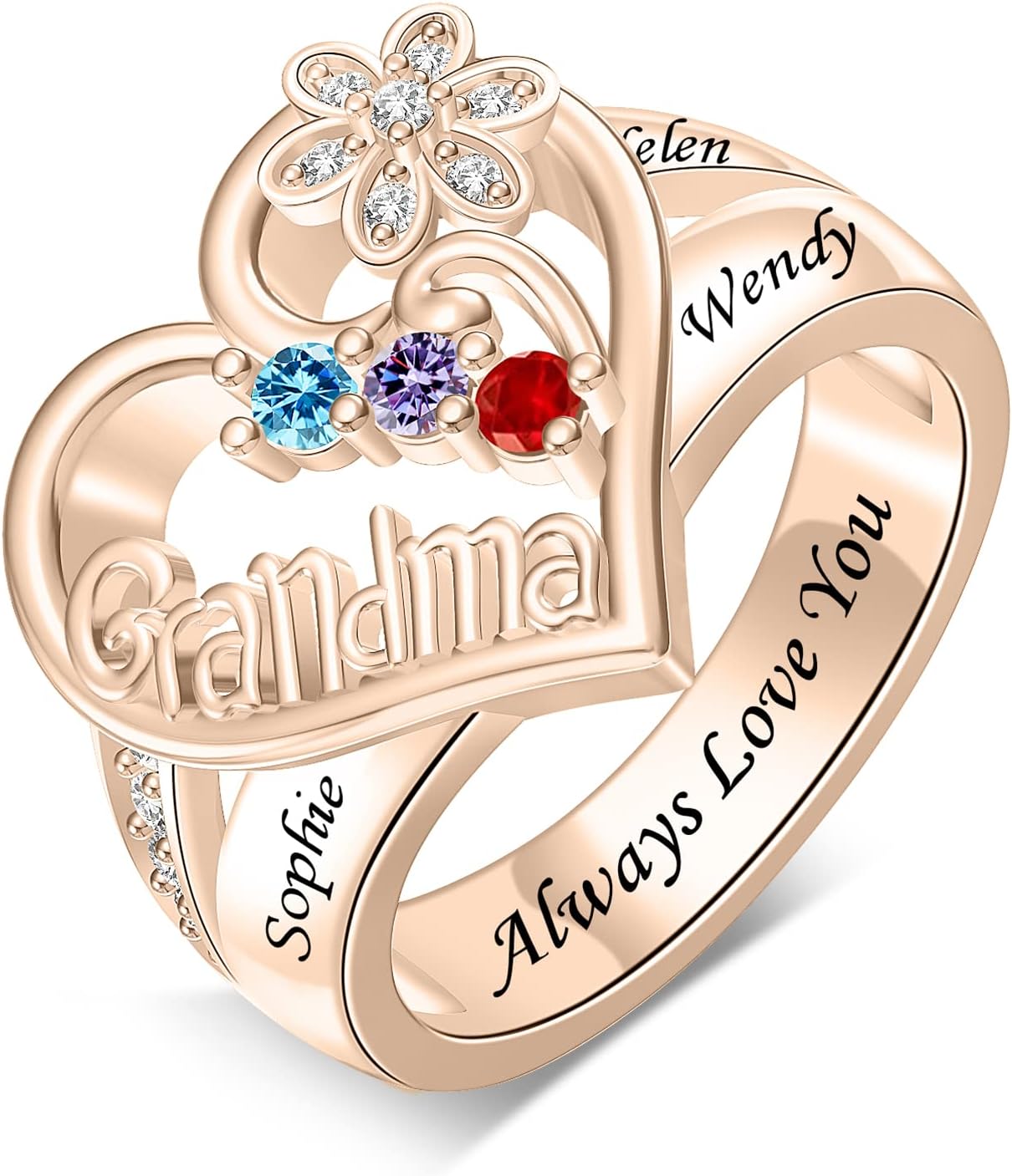 BABOOM Personalized Grandma Ring with 1-8 Birthstones & Names Custom Mother Ring Engraved Birthstone Rings for Women Mom Grandmother