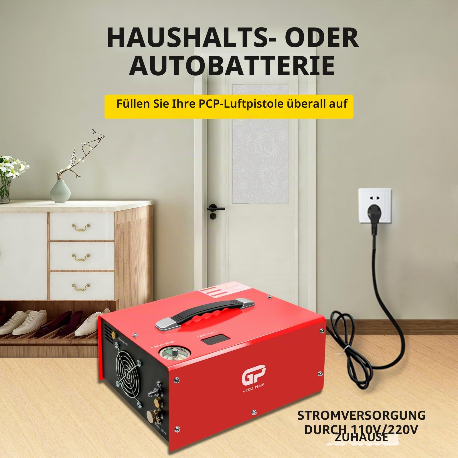 TUXING PCP Luftkompressor, 4500Psi/30Mpa/300Bar ölfreier kleiner tragbarer Luftgewehrkompressor, Hochdruck PCP Gewehr/Pistole und Paintball Tank Luftpumpe 220V AC oder 12V