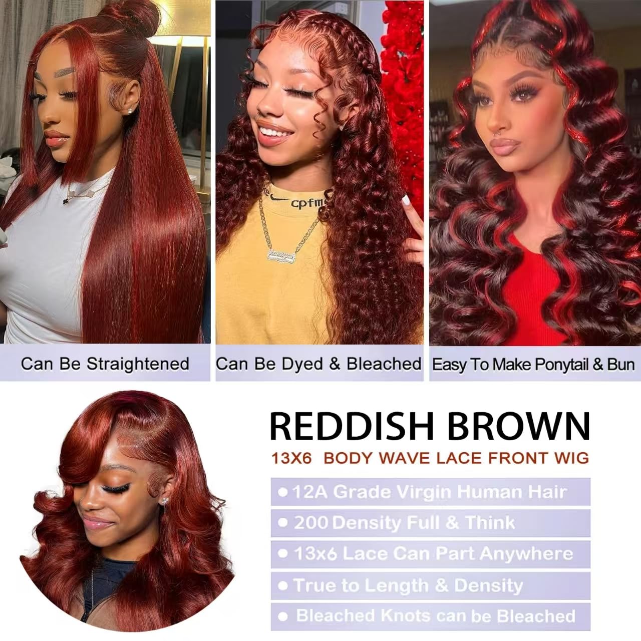 26 Inch Reddish Brown Wig Human Hair 13x6 Body Wave Lace Front Wigs HumanHair 200% Density HD Transparent 33# Lace Frontal Wigs Pre Plucked With Baby Hair Brownish Red Wig For Women
