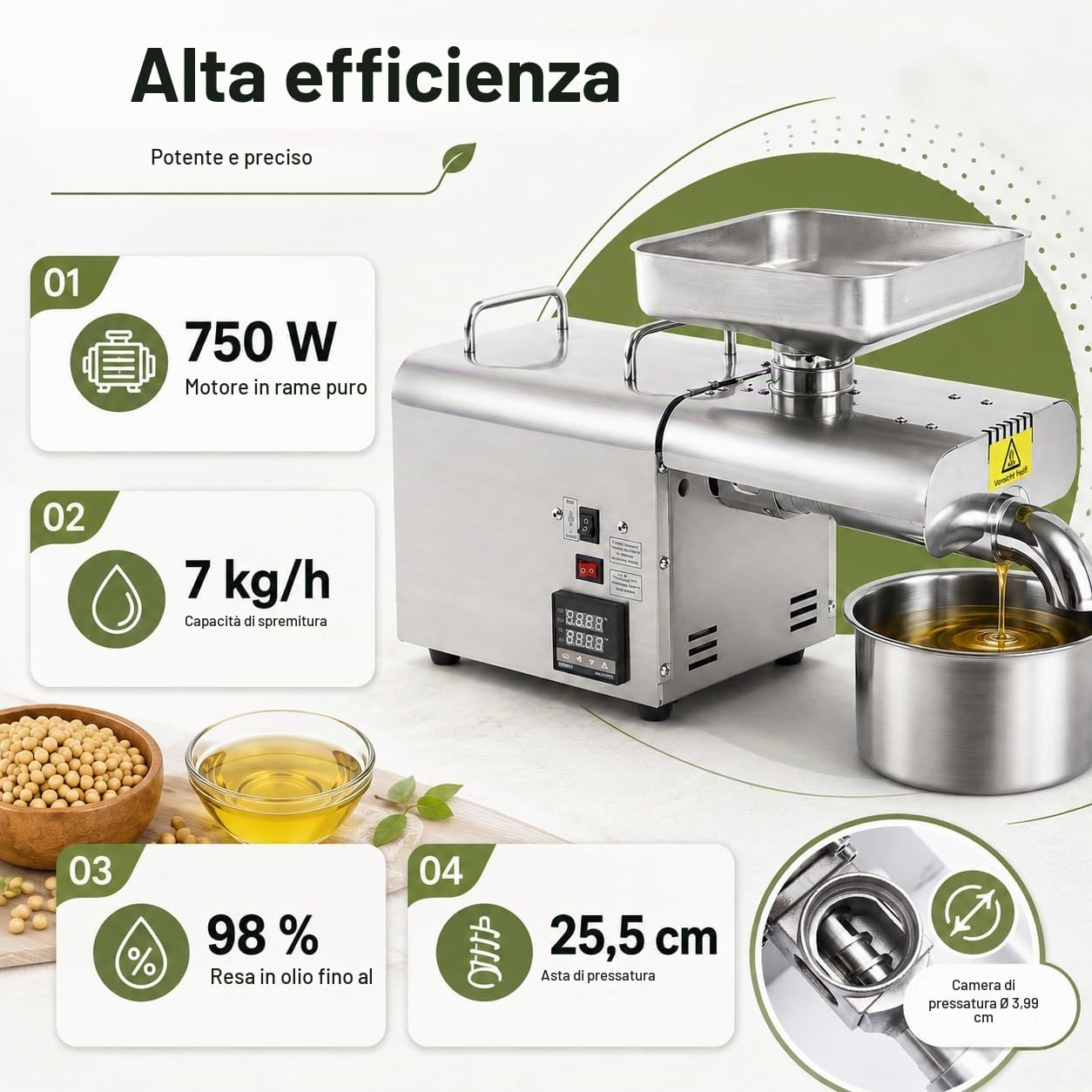 MINRS Pressaolio automatica da 750 W, in acciaio inox, frantoio e estrattore di olio