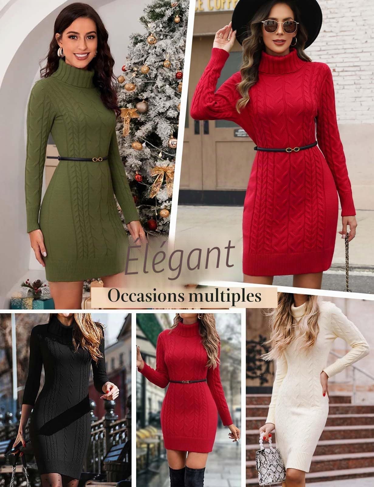 heekpek Robe Pull Femme Hiver Chic et Elegant Col Roulé Chaud Automne Robe Moulante Manche Longue Tricot Jupe Courte