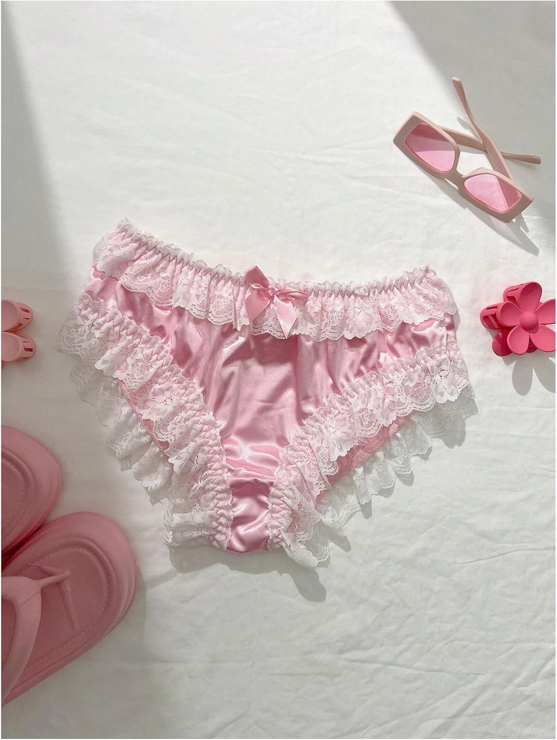 MakeMeChic Women's Lace Trim Satin Panties Ruffle Briefs Bow Front Cute Underwear - Image 4