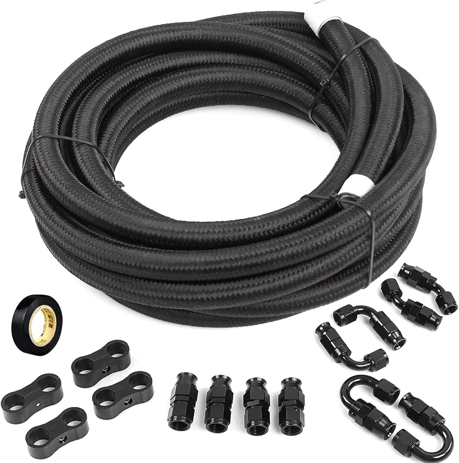 8AN Fuel Line Kit, 20FT Nylon & Stainless Steel Braided PTFE Fuel Line Hose with Fitting Kit, Black