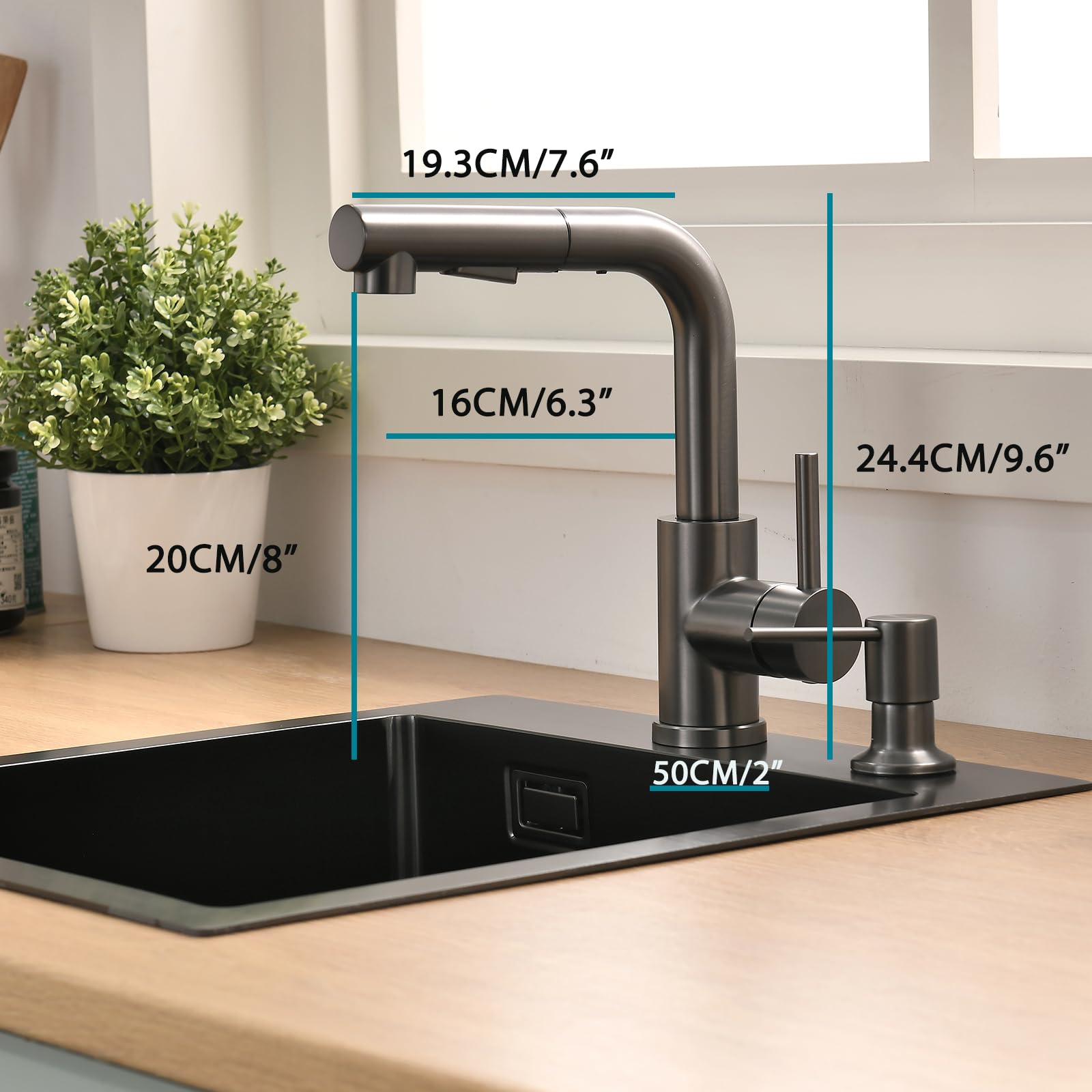 Fregadero de acero inoxidable 40 x 45 cm antracita + grifo de cocina extensible, juego completo de fregadero de cocina BoomHoze cuadrado empotrable pequeño para armario bajo de 40 cm
