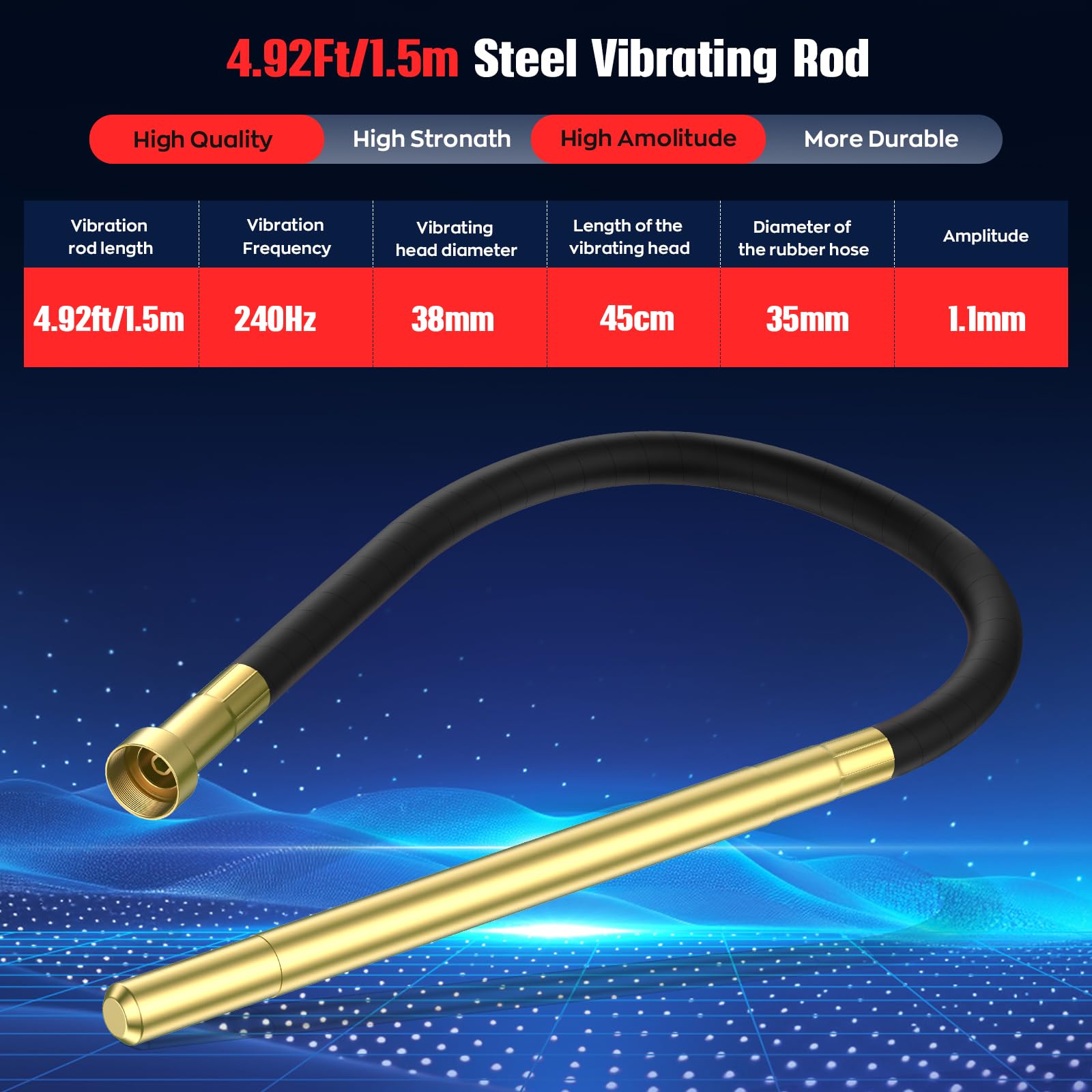 IMAYCC 21V Vibratore per Calcestruzzo Senza Cavo, Senza Spazzole Vibratore da Costruzione Elettrico 3980giri/min, Lunghezza asta Vibrante 1.5M, per Strade Tunnel Ponti (Senza Batterie）