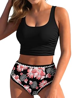 Pink Queen Bikini Set for Women 2026 High Waisted Floral Swimsuits 2 Piece Tummy Control Bathing Suits Summer