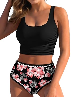 Pink Queen Bikini Set for Women 2026 High Waisted Floral Swimsuits 2 Piece Tummy Control Bathing Suits Summer