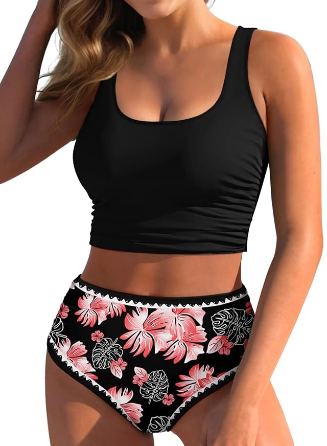 Pink Queen Bikini Set for Women 2026 High Waisted Floral Swimsuits 2 Piece Tummy Control Bathing Suits Summer