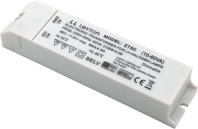 Leyton Lighting 240v - 12v Transformer rated for up to 60W Energy Consumption, with Terminal Block