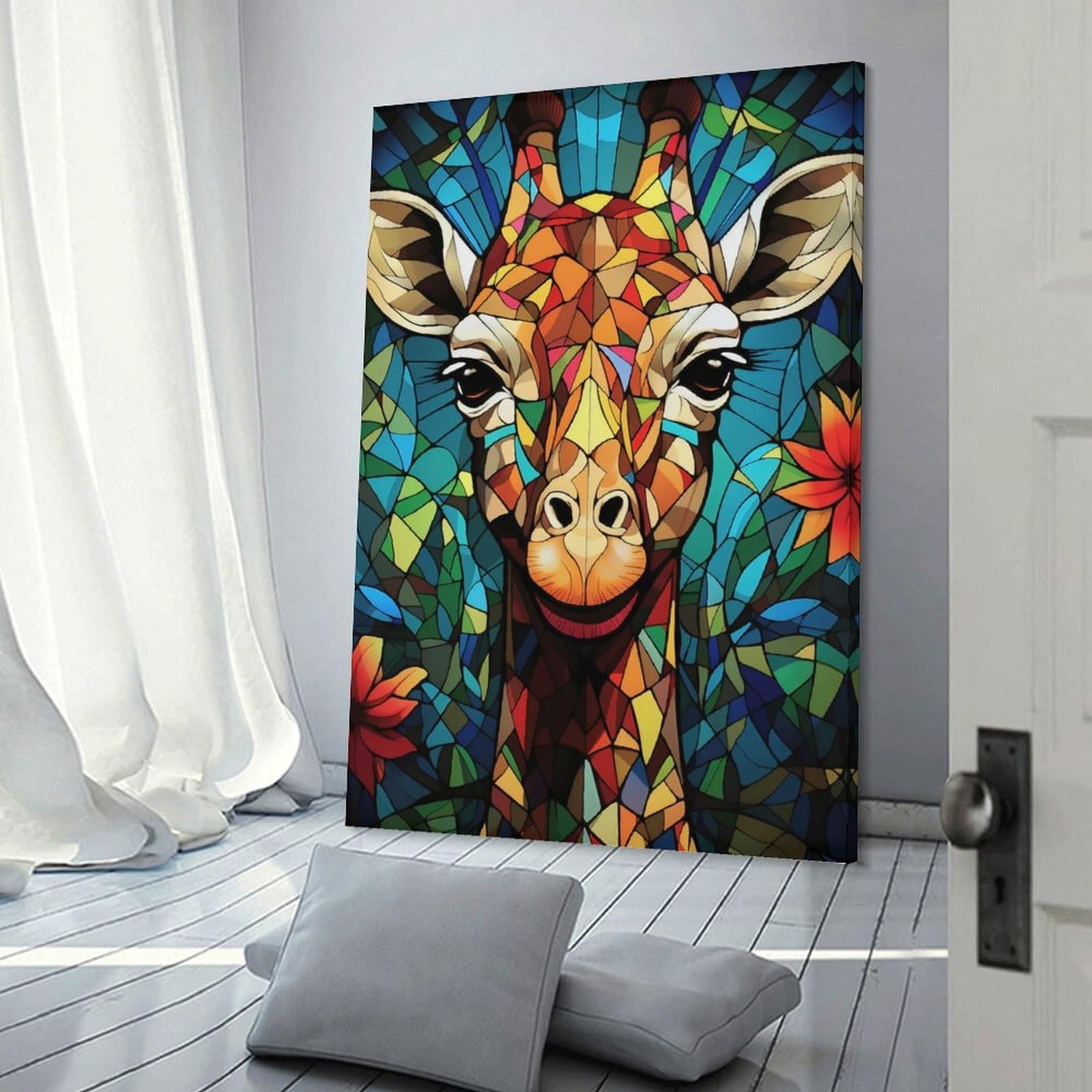 Junmoney Colorful Giraffe Stained Glass Art Home Decor Wall Art 24x36inch(60x90cm), for Office, Study Or Home Workspace, Home Office Artwork with Decorative Appeal