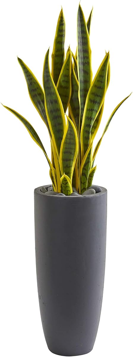 Planta de serpiente artificial Sansevieria de 3 pies de altura, planta de serpiente de imitación amarilla para decoración interior del hogar en maceta de bala gris, planta falsa en oficina, sala de estar, dormitorio, planta artificial realista