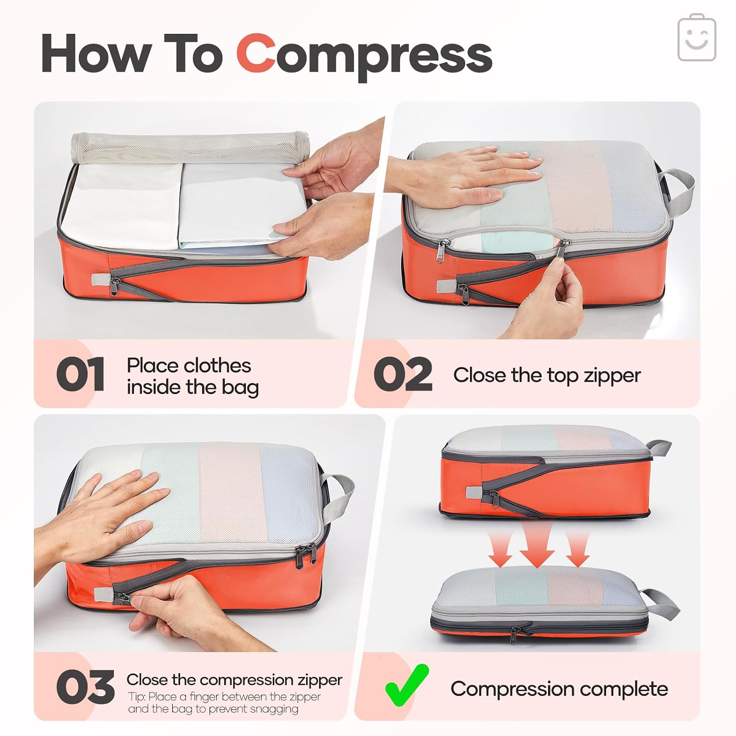  9/11 Set Compression Packing Cubes Garment Bags for Travel Essentials,Compressible Expandable Luggage Organizer Bags for Clothing,Space Saver Bags with Over 1000 pcs of Mesh Holes(Orange) thumbnail