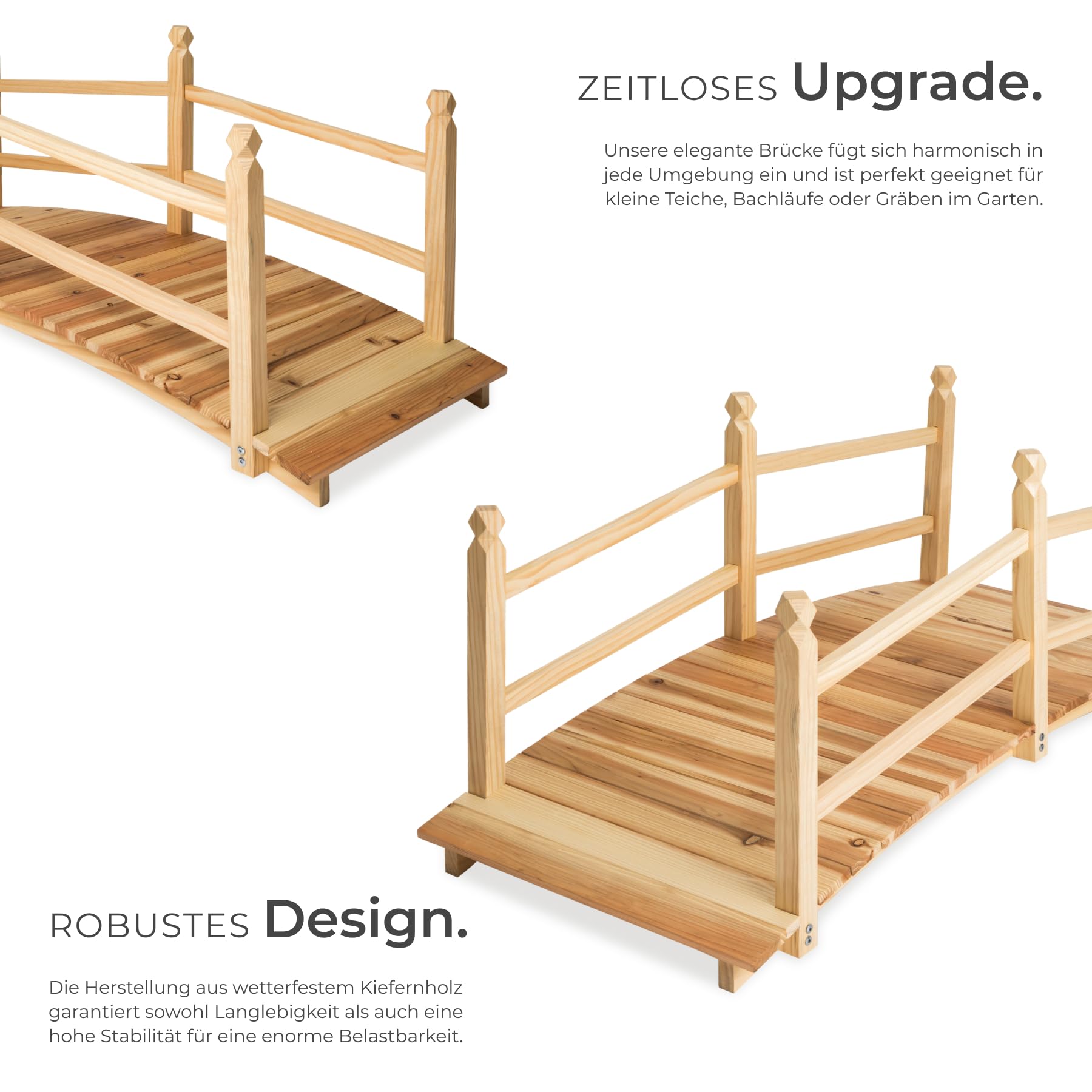 tectake® Holzbrücke, wetterfeste Brücke mit Geländer, begehbare Gartenbrücke bis 150 kg belastbar, 137 x 58 x 58 cm, Teichbrücke aus Kiefernholz, Zierbrücke für Gartenteich, Bachlauf, Gartenweg