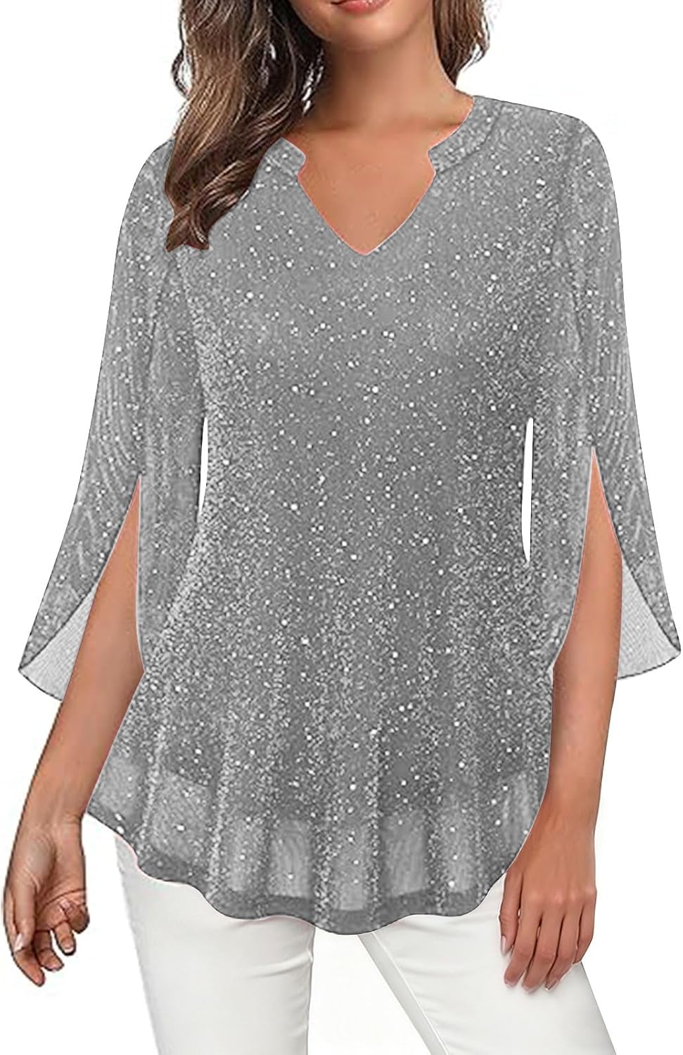 Bluse Damen Glitzer Oberteile Silvester Outfit Pailletten Blusenrock V Ausschnitt Tunika Festliche Blusen Zur Hochzeit Party Oberteil Glitzershirt Karneval Langarmshirt Damenblusen Glitzeroberteil