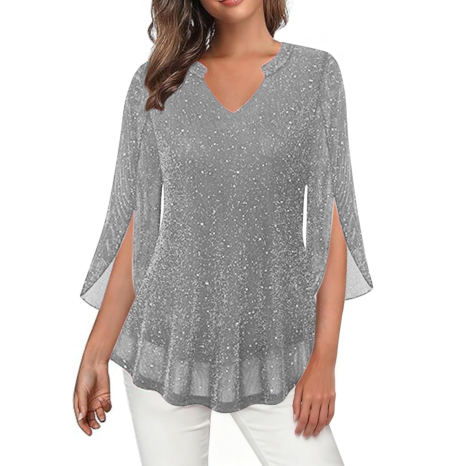 Ybing Camicette e tuniche da donna eleganti con glitter a 3/4, maniche a 3/4, con paillettes scollo a V, camicetta Y2K, tunica festiva, leggera, per feste, maglietta sottile con glitter