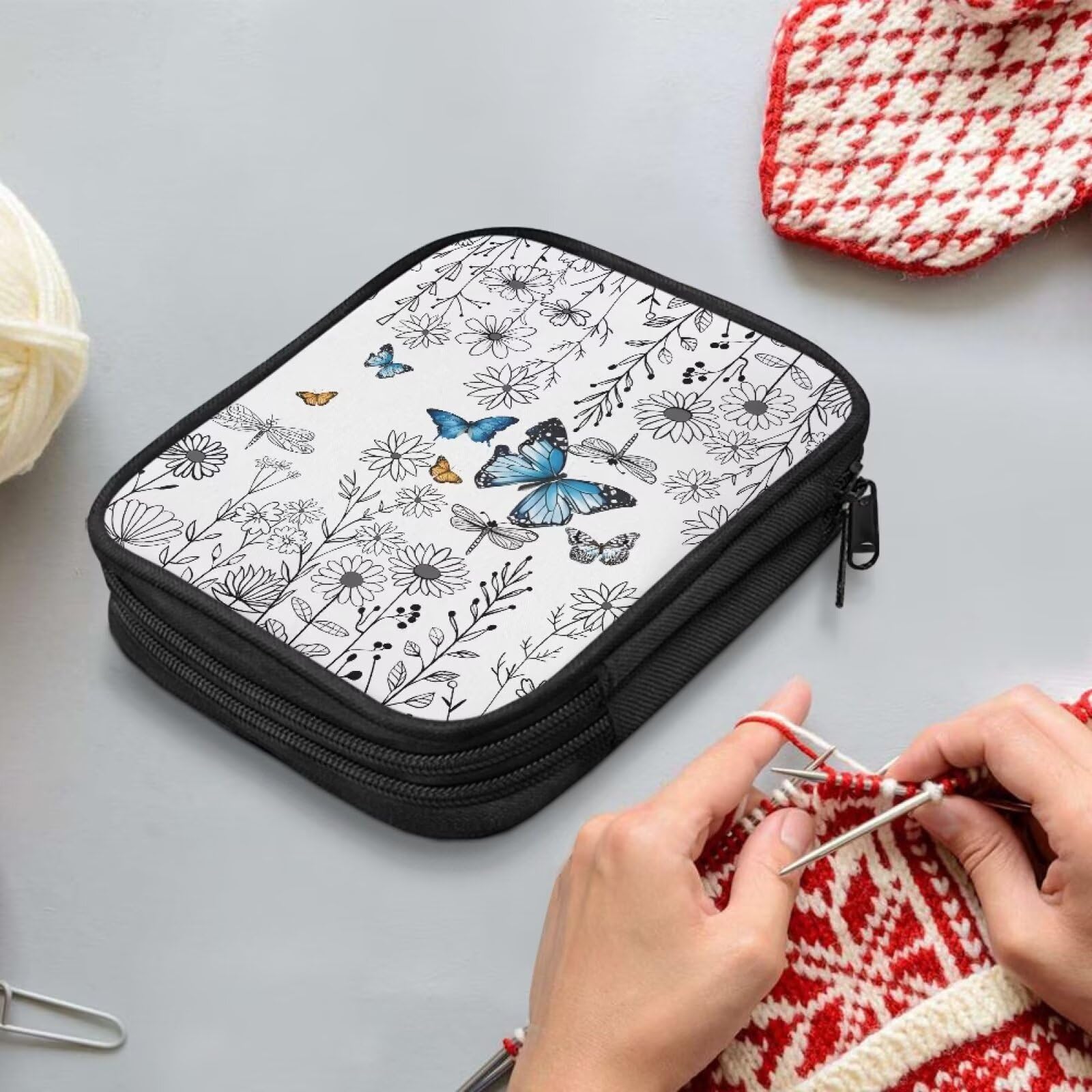 Uorisanigo Étui de rangement pour crochet - Papillon bohème - Pour aiguilles à tricoter circulaires interchangeables, crochets et outils de tricot - Facile à transporter (accessoires non inclus