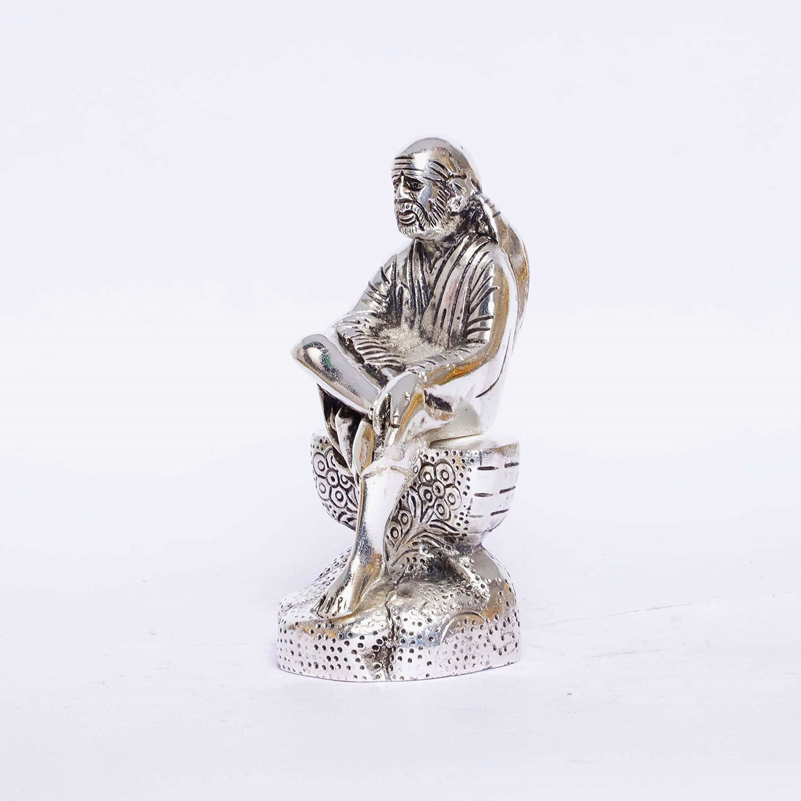 Prince Home Decor & Gifts Silver Plated Oxidized Shirdi Sai Baba Sitting on Shila Metal Statue (Silver, Standard Size) - Image 4 thumbnail
