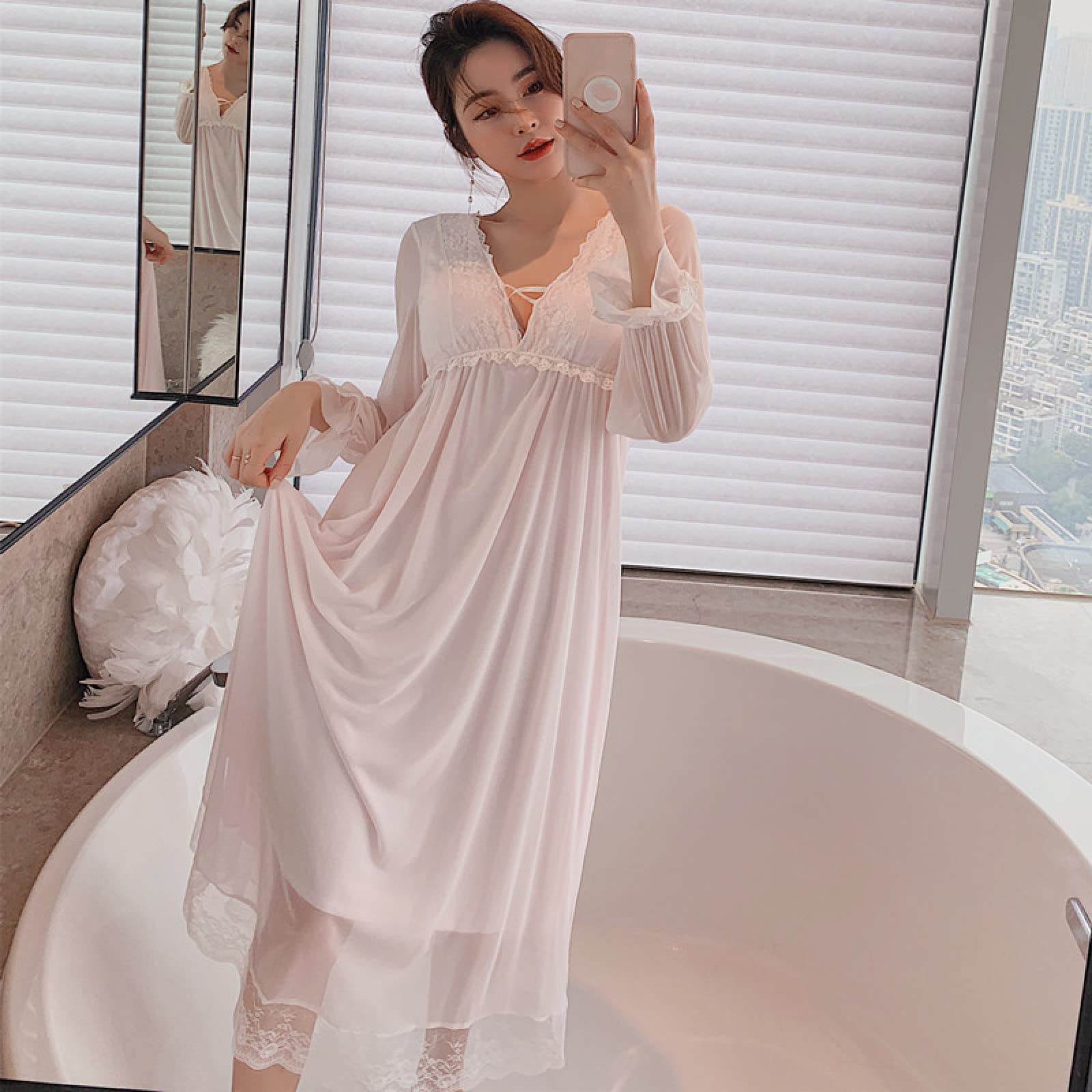 OFFSUM Camisón De Pijama De Mujer - Sexy Cuello En V Camisón De Encaje Ropa De Dormir Primavera Verano Estilo Princesa Color Sólido Camisón Malla Loungewear Vestido Casual