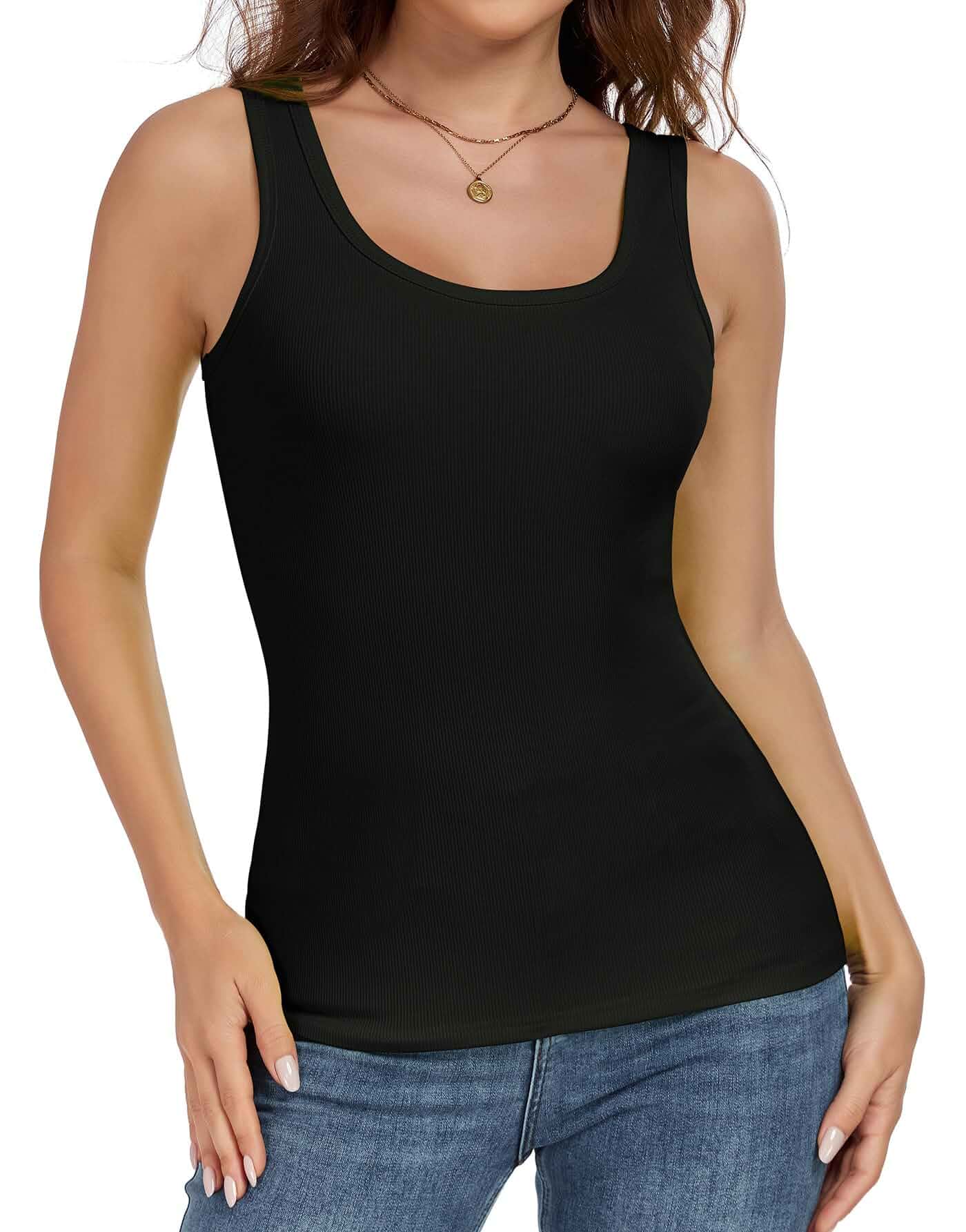 AUHEGN Tank Top for Women Summer Sleeveless Scoop Neck Ribbed Workout Tank Tops Slim Fitted Basic Cami Tee Shirts