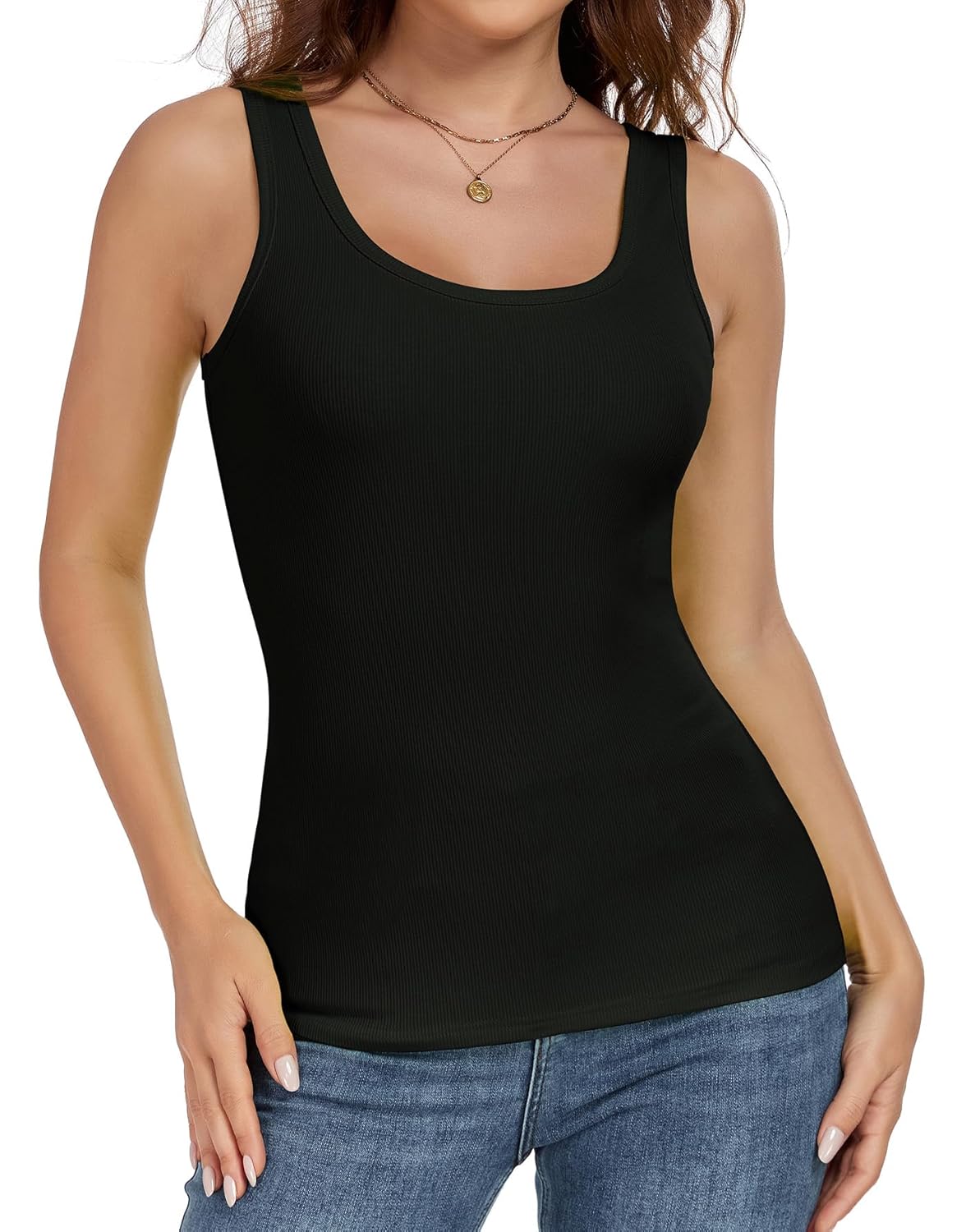 AUHEGN Tank Top for Women Summer Sleeveless Scoop Neck Ribbed Workout Tank Tops Slim Fitted Basic Cami Tee