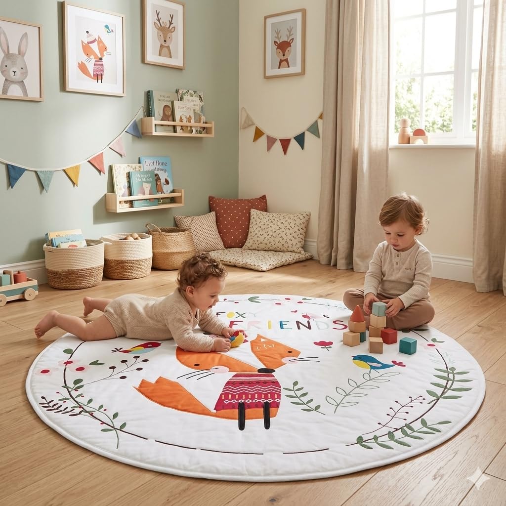 The Tickle Toe Quilted Reversible Cotton Playmat for Kids | Baby Crawl Mat & Activity Mat with Storage Bag | 58x58 Inch Fox Pattern, Multicolor | Soft & Comfortable for Babies 1