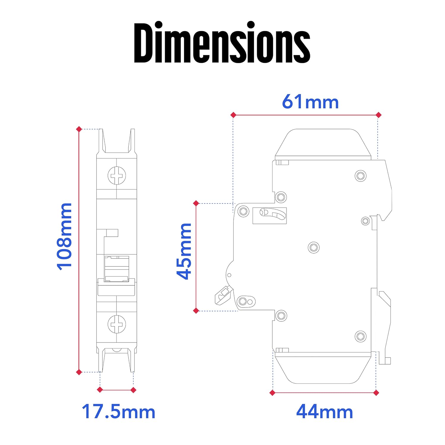 Mini Circuit Breaker UL489 Listed 0.5A C Curve 277VAC 60VDC 10kAIC DIN Rail Mount Non Polarized MCB Branch Circuit Protection, ControlGear CGMB1CXY (1 Pole C Trip 0.5 Amp)