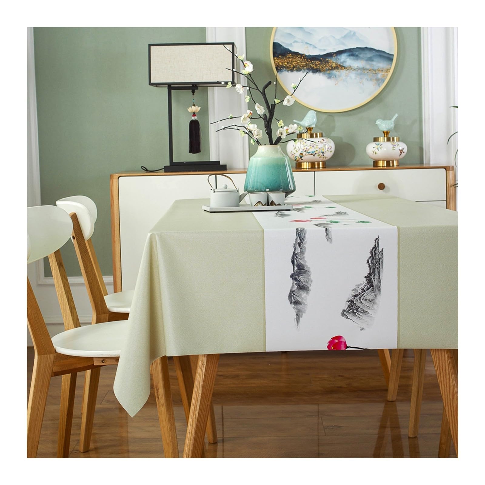 Nappe beige fleurs peinture encre finition soignee pour table