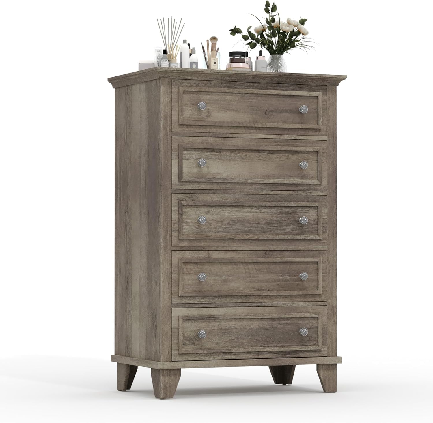 IDEALHOUSE 5 Drawer Dresser, Wooden Storage Chest of Drawers with Exquisite Metal Handles, Tall Storage Cabinet, Modern Design Dresser for Bedroom, Living Room, Hallway, Entryway, Grey