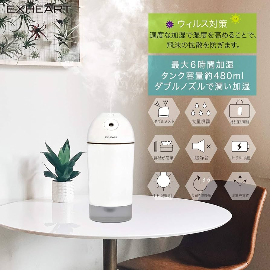 Amazon.co.jp: EXHEART ポータブル加湿器 ホワイト EPH-101WT