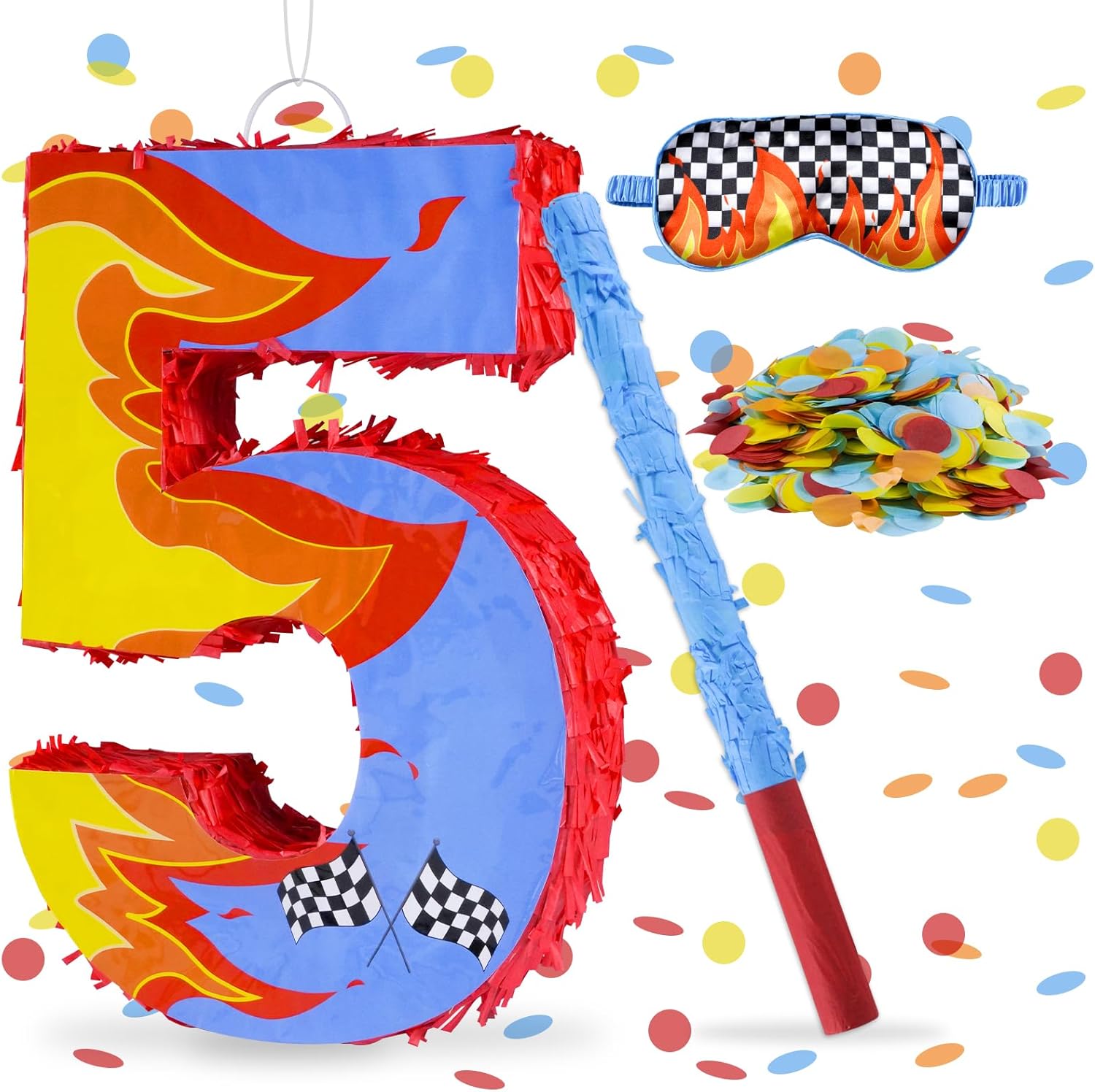 Blue Racing Cars Themed Birthday Decorations, Racing Cars Themed Number 3 Pinata with Stick Blindfold and Confetti Fire Race Car Checkered Flag Themed 3rd Birthday Party Supplies (Fire Race Car 5th)