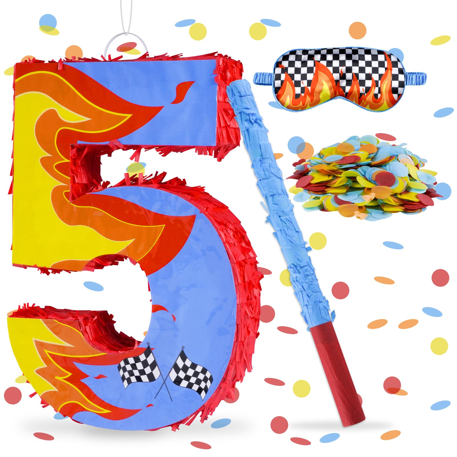 Decorazioni di compleanno a tema auto da corsa blu, numero 3 a tema auto da corsa, con benda bastone e coriandoli, auto da corsa antincendio a tema bandiera a scacchi, forniture per feste di 3°
