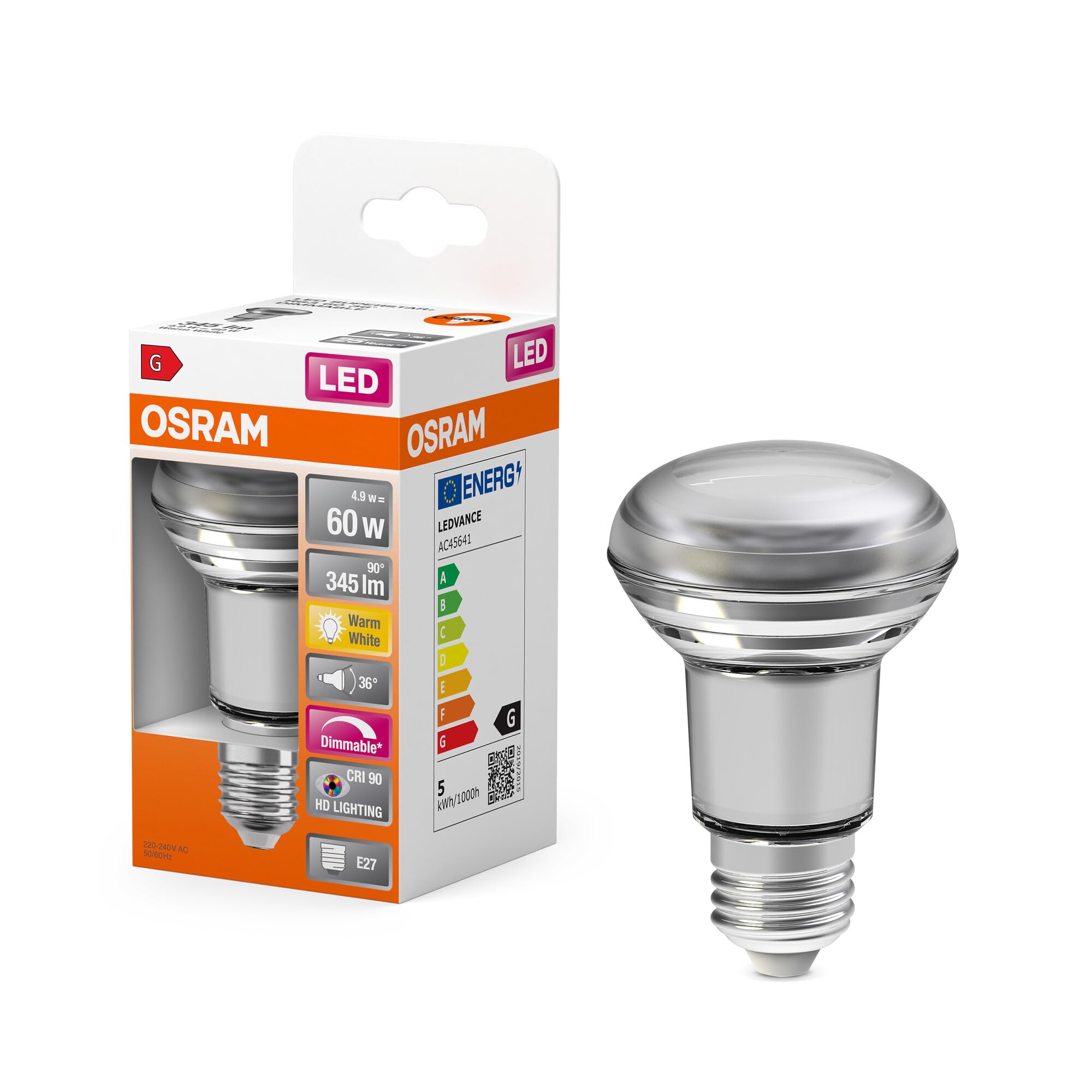 OSRAM Superstar dimmable LED lamp with Extra high Colour Rendering (CRI90), E27-base Clear Glass,Warm White (2700K), 345 Lumen, 60W-Replacement, dimmable, 1-Pack
