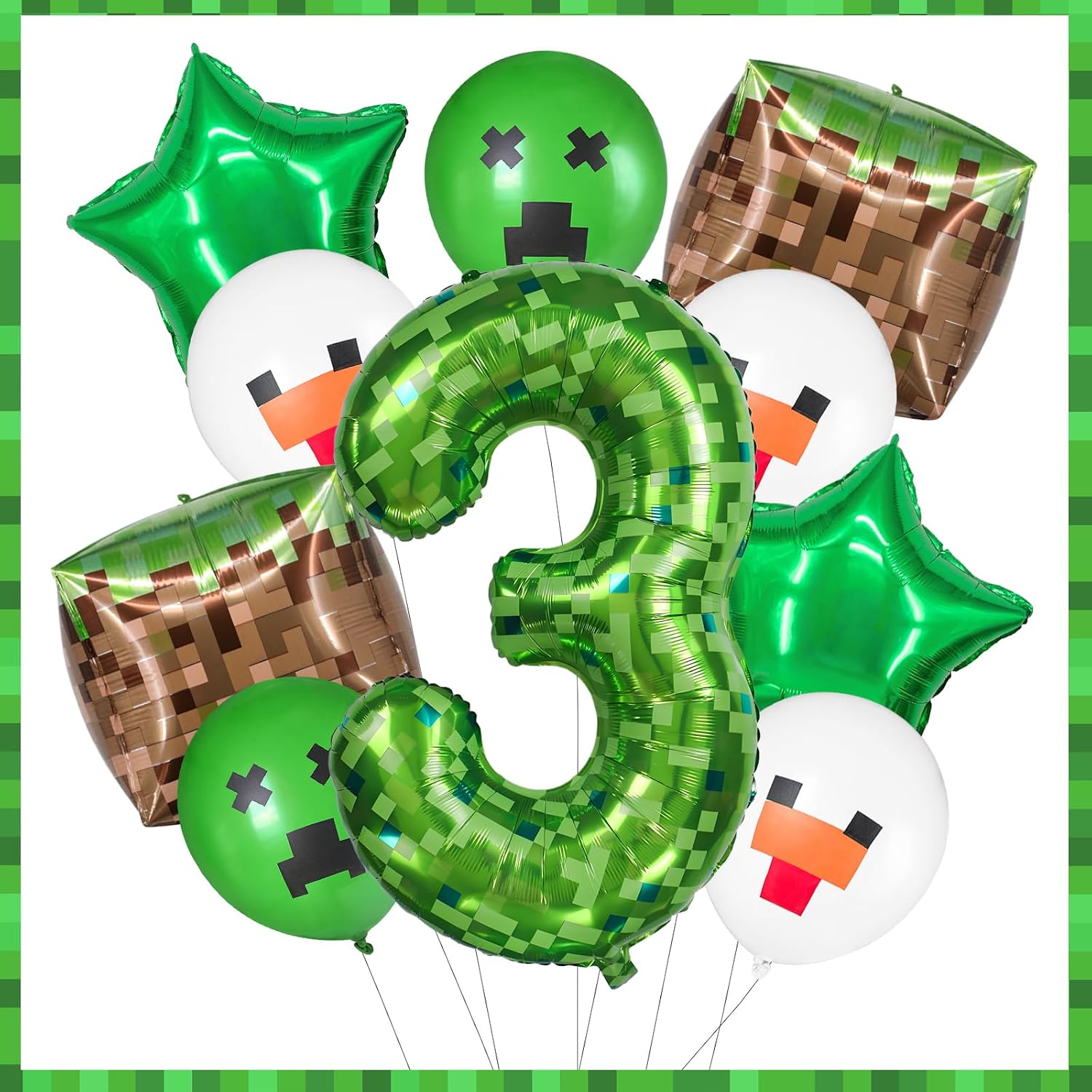 40 Inch Giant Green Pixel Miner Themed Number Foil Balloons, Mining Green Birthday Party Decorations Bundle 0-9 Optional Kids Anniversary Balloon Party Supplies (Number 3)