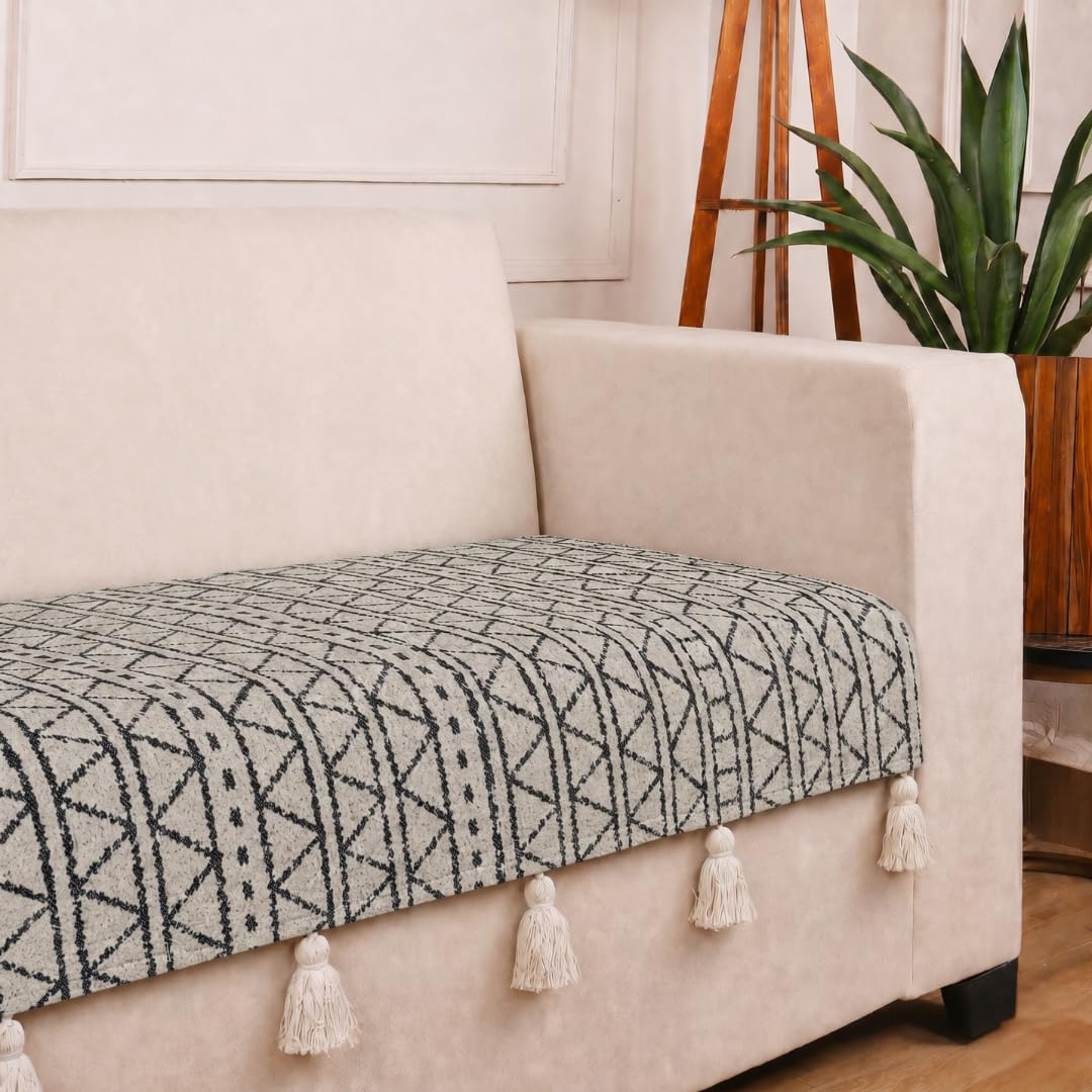 STITCHNEST 'Nomad Weave Collection' 2 Seater Sofa Cover| Elegant Jacquard Fabric, Decorative Tassels, Washable & Durable for Modern Living