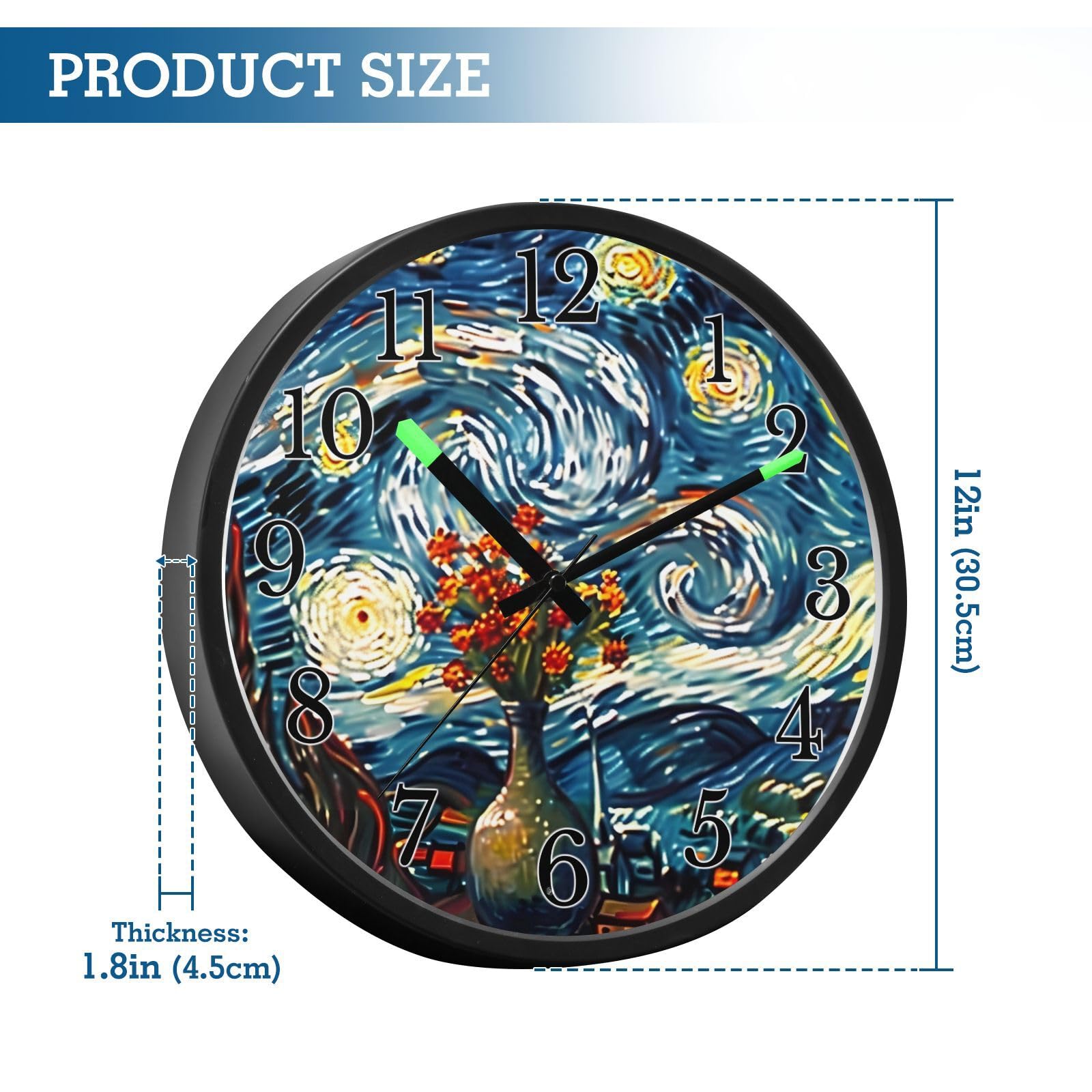 Mnsruu Reloj de pared luminoso, cielo estrellado, luna, noche estrellada, reloj de dormitorio, funciona con pilas, reloj silencioso que brilla en la oscuridad, para sala de estar, cocina, 12 pulgadas