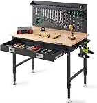 VEVOR Workbench Adjustable Height 28-39.5" Work Bench for Garage Oak Plank & Carbon Steel Heavy Duty Workbench 2000lbs Weight Capacity Bench top Size 48x24" Hardwood Workbench 3m Cable 30 Hooks